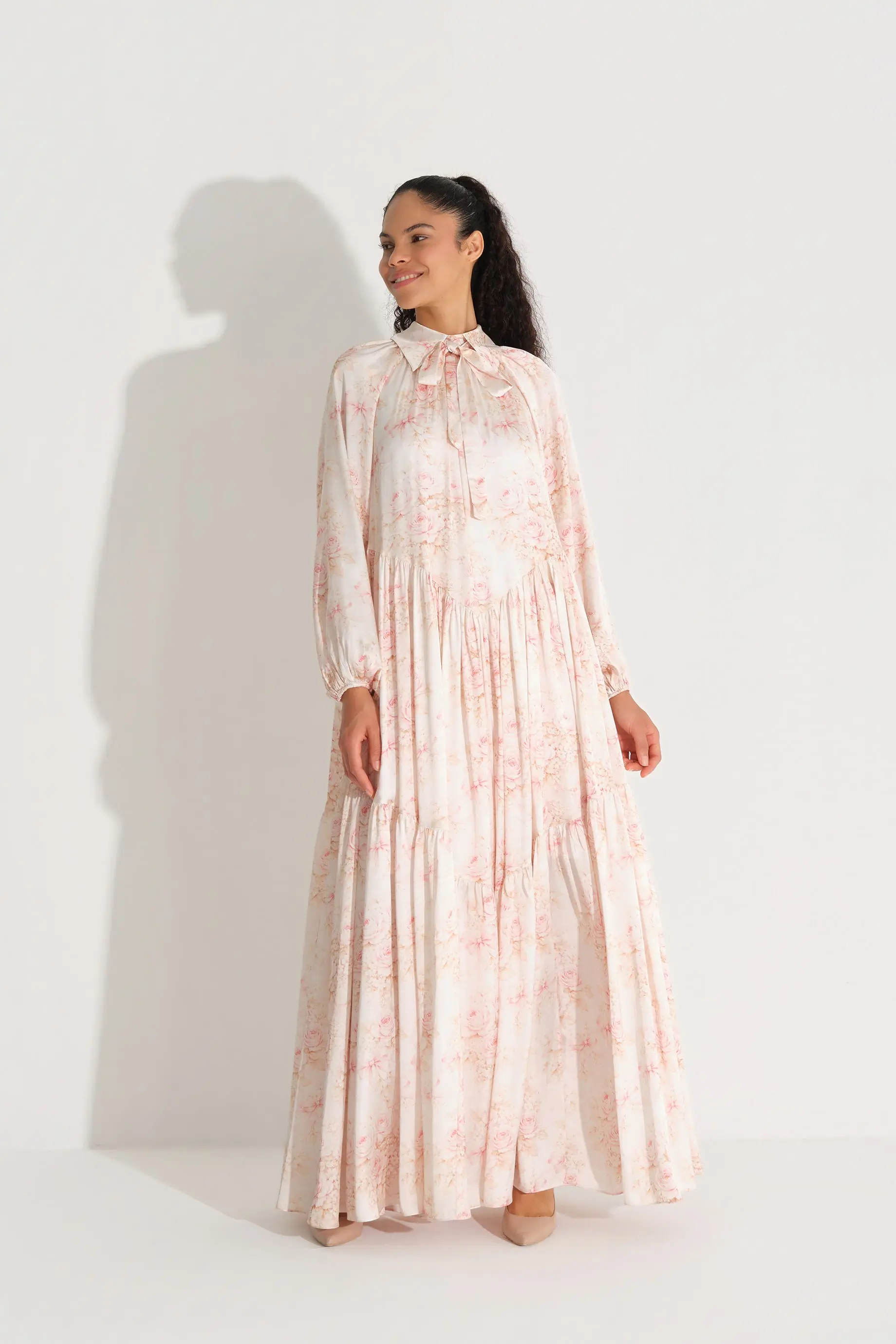 Bow-Neck Floral Chiffon Satin Dress – Somon, photo 4