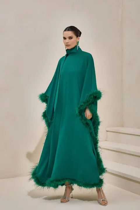 Diva Feather Kaftan Dress – Emerald, photo 2