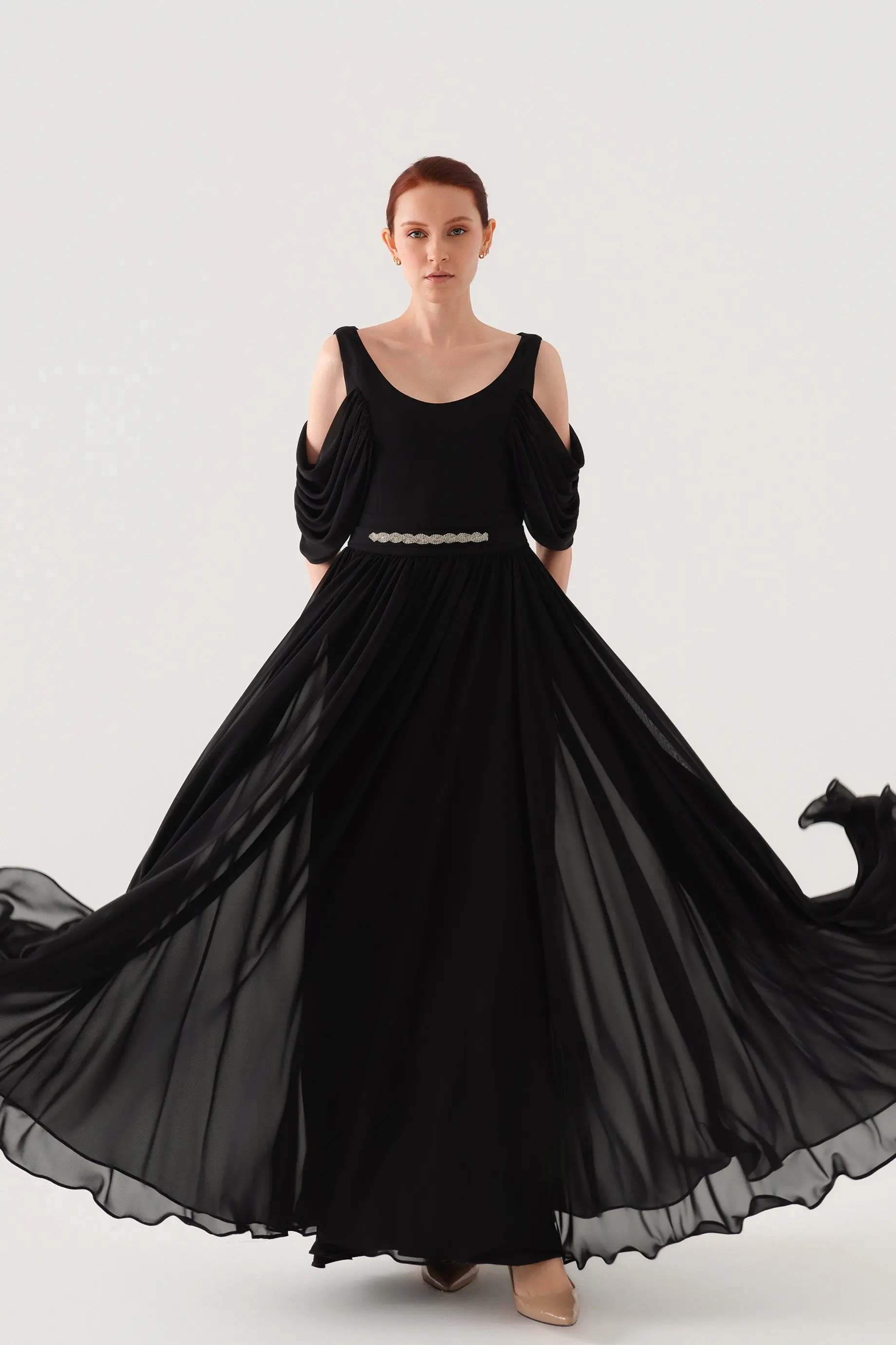Embellished-Belt Draped Chiffon Maxi Dress – Black, photo 3