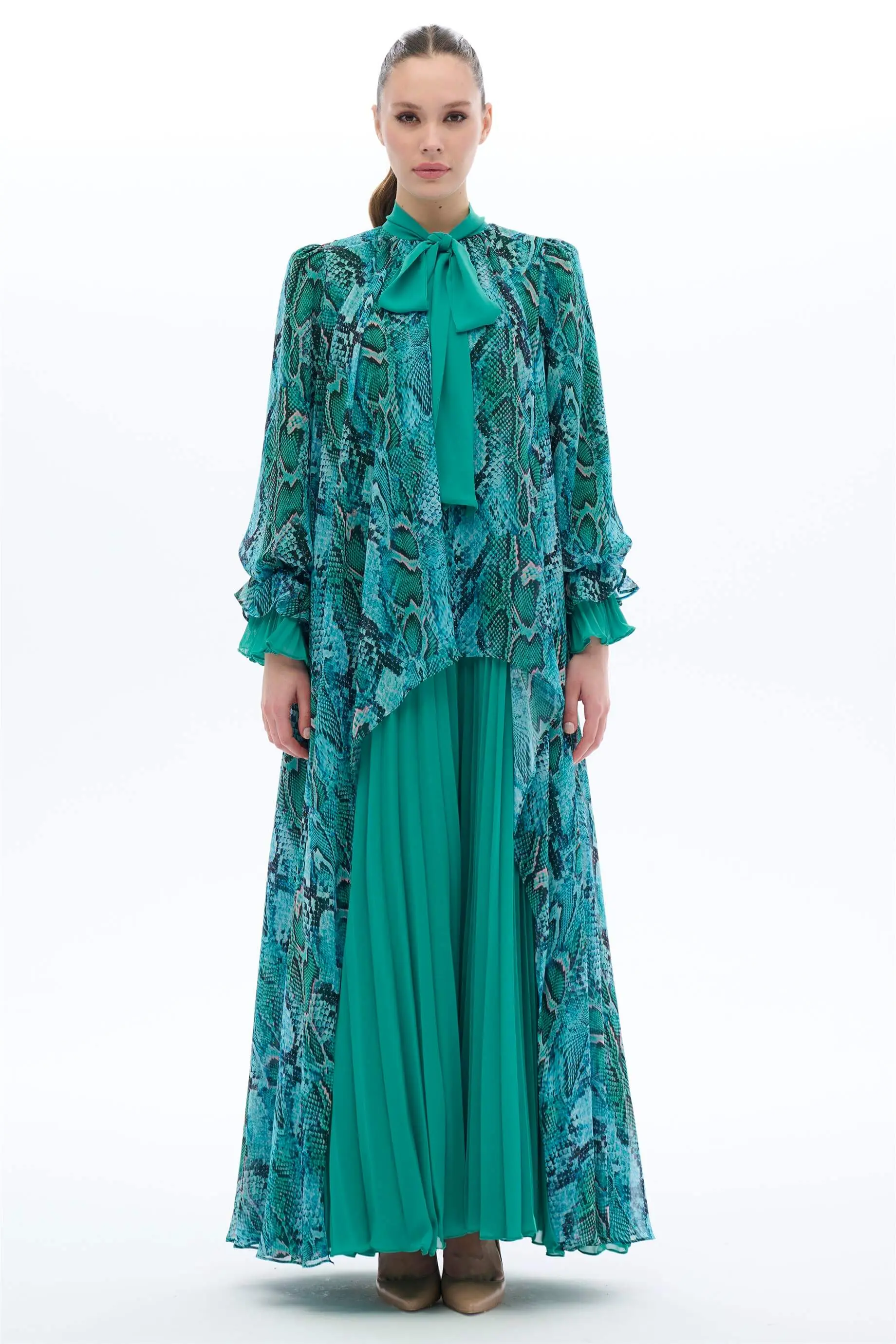Pleated Scarf-Neck Dress – Green