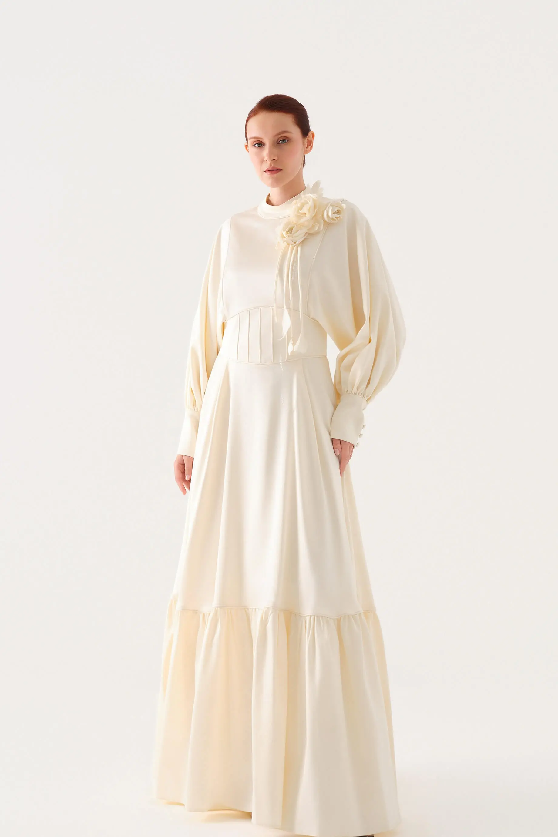 Beaded-Trim Corset-Waist Satin Maxi Dress – Ecru