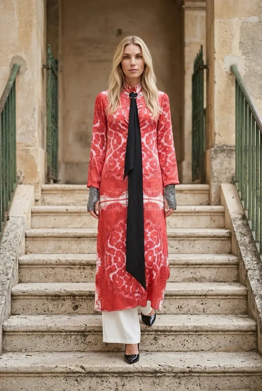 Printed Silk Maxi Dress with Contrast Bow – Obama Red