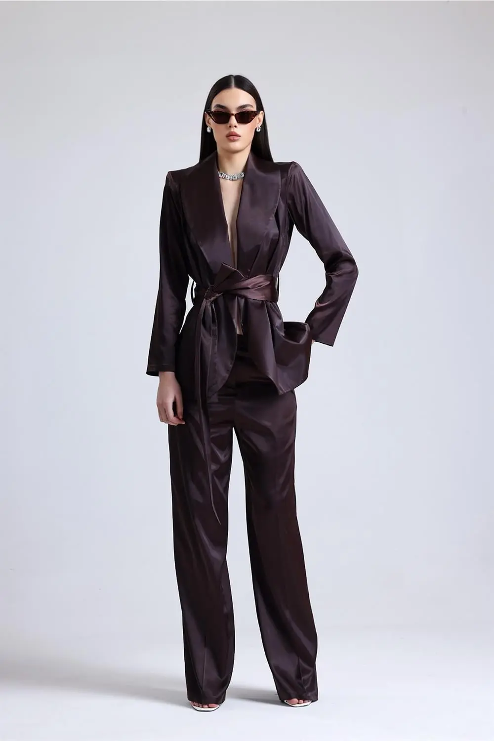 Satin Ember Belted Set – Brown, photo 3