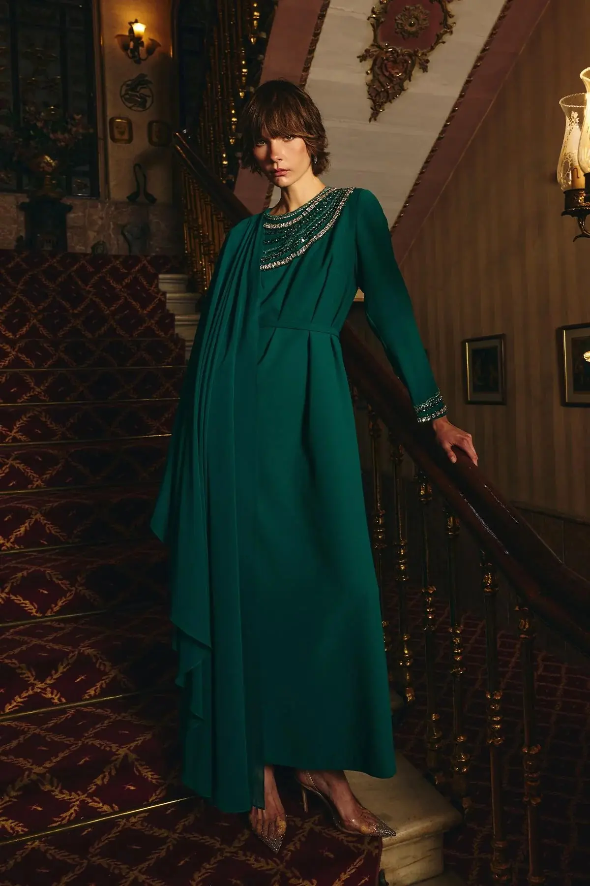 Pais Embellished Cape Dress – Emerald, photo 6
