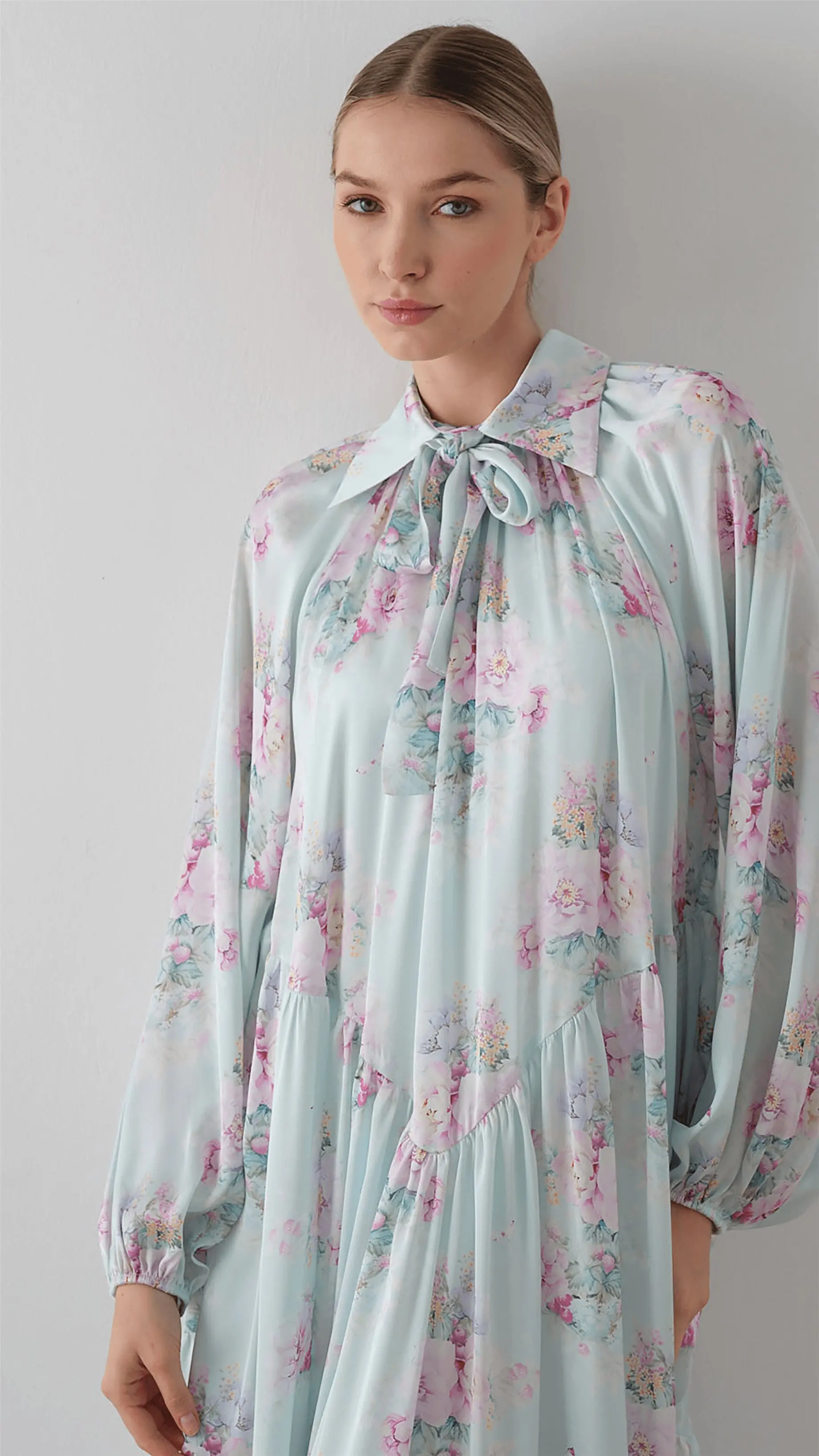 Bow Neck Chiffon Satin Dress – Blue, photo 8