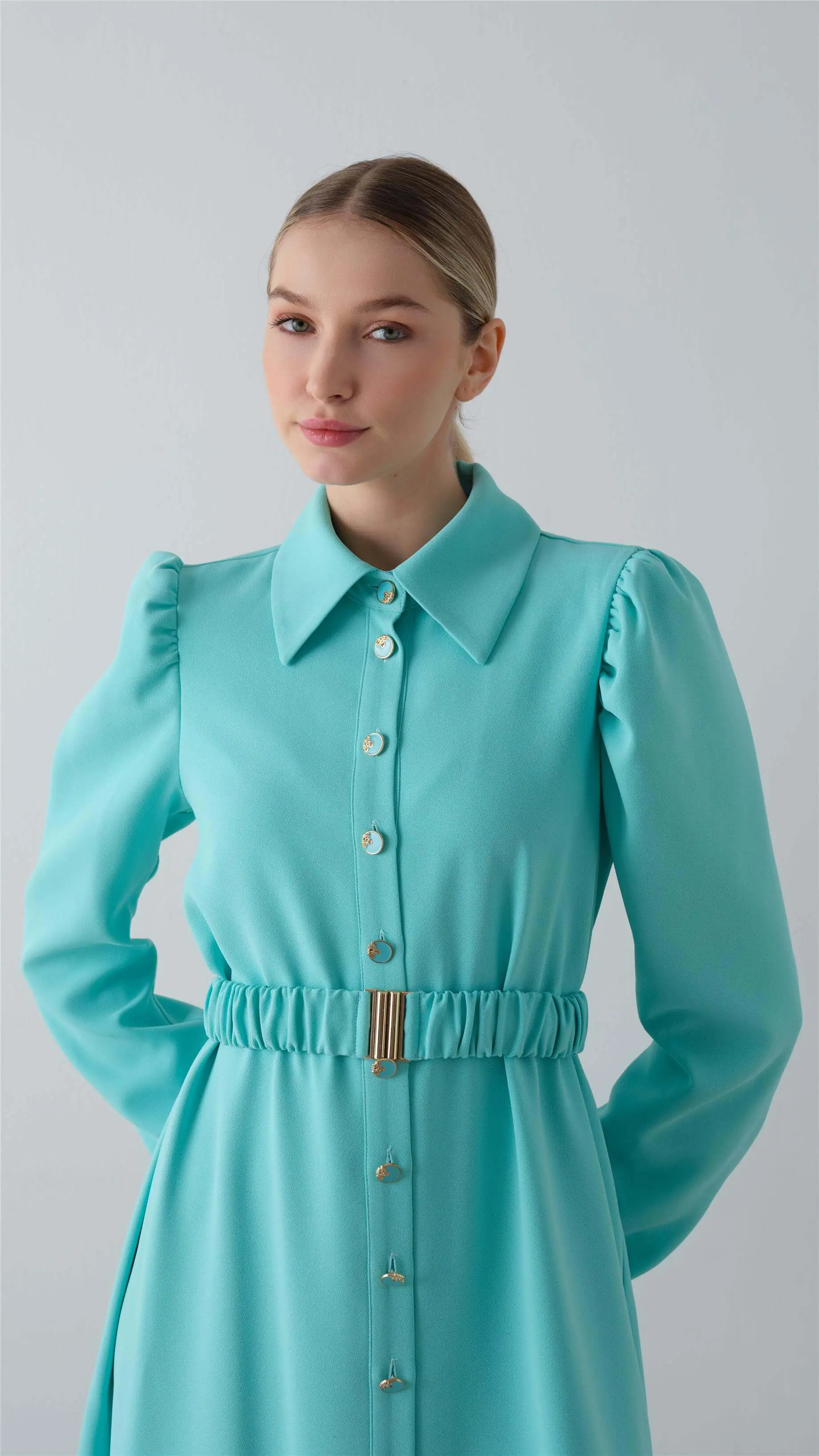 Belted Button-Down Crepe Dress – Blue, photo 3