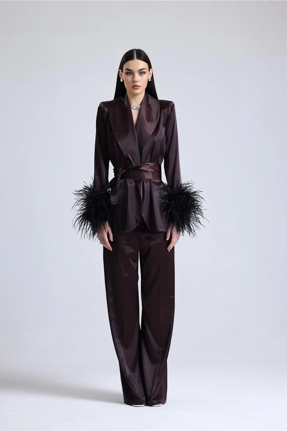 Satin Ember Feather-Sleeve Set — Brown