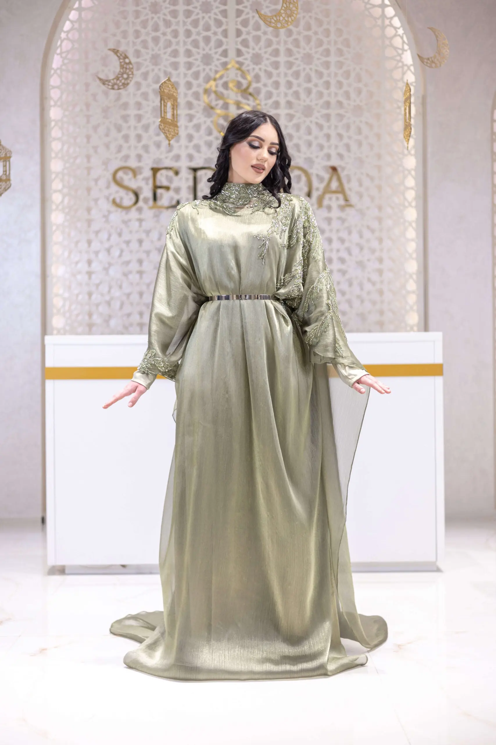 Desert Bloom Embellished Abaya – Olive Green
