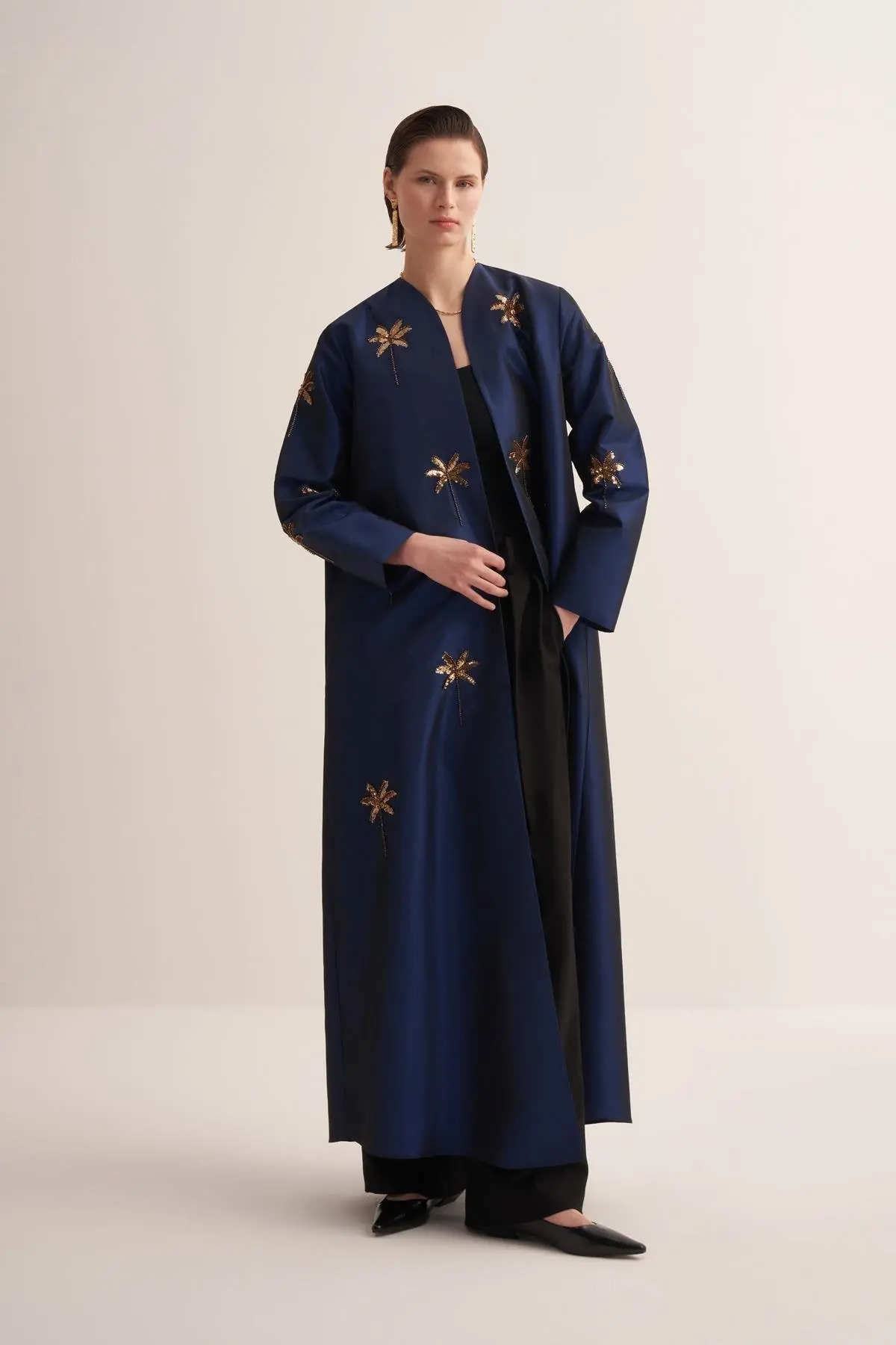 Glamor Embroidered Satin Abaya – Navy Blue, photo 2