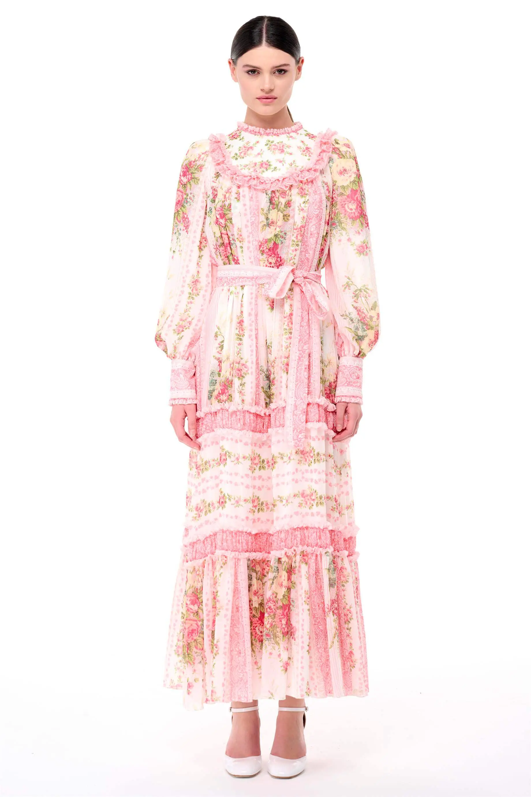 Ruffle-Trim Floral Dress – Cream