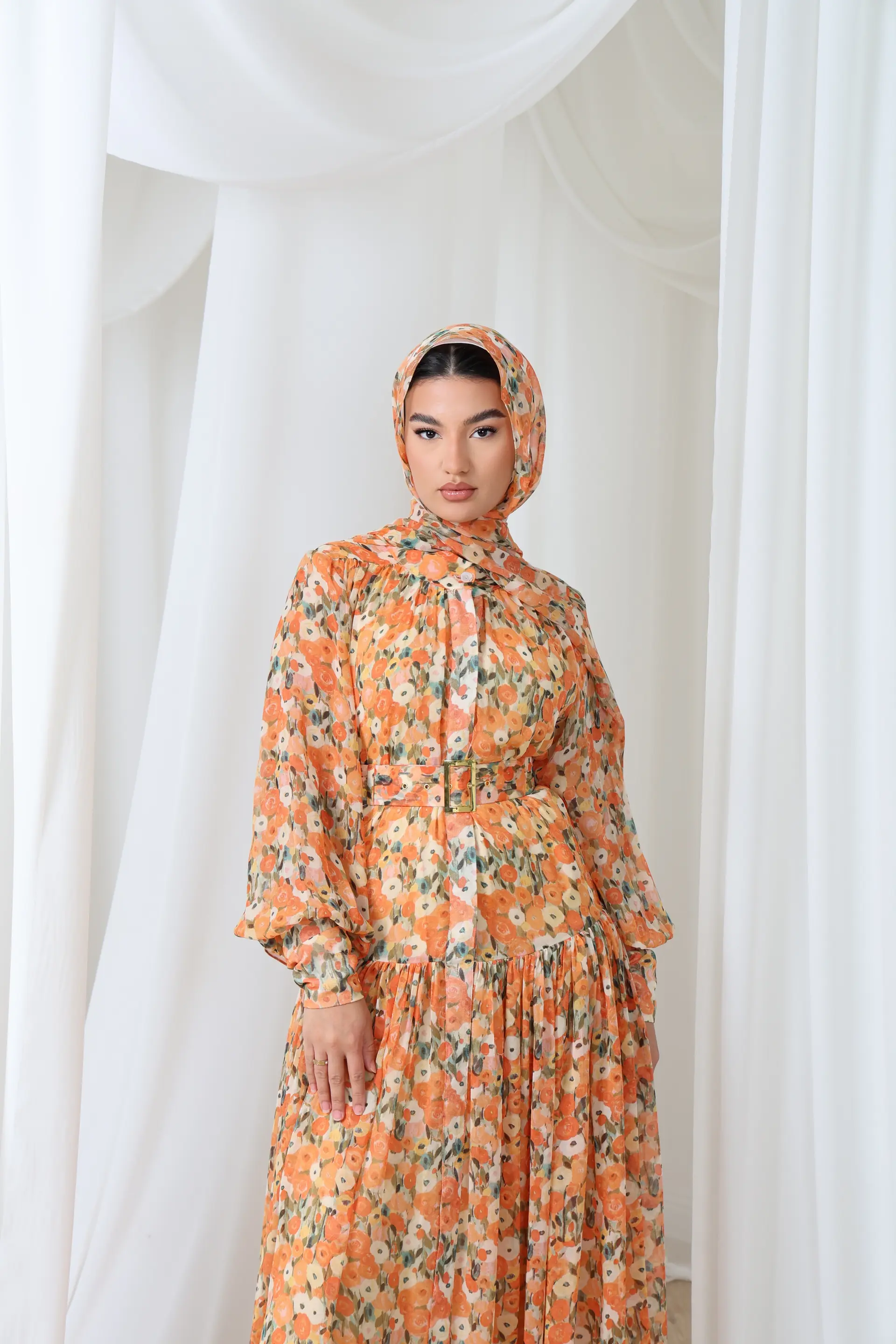 Fall – Floral Chiffon Maxi Dress with Scarf | Modest Luxury, photo 2