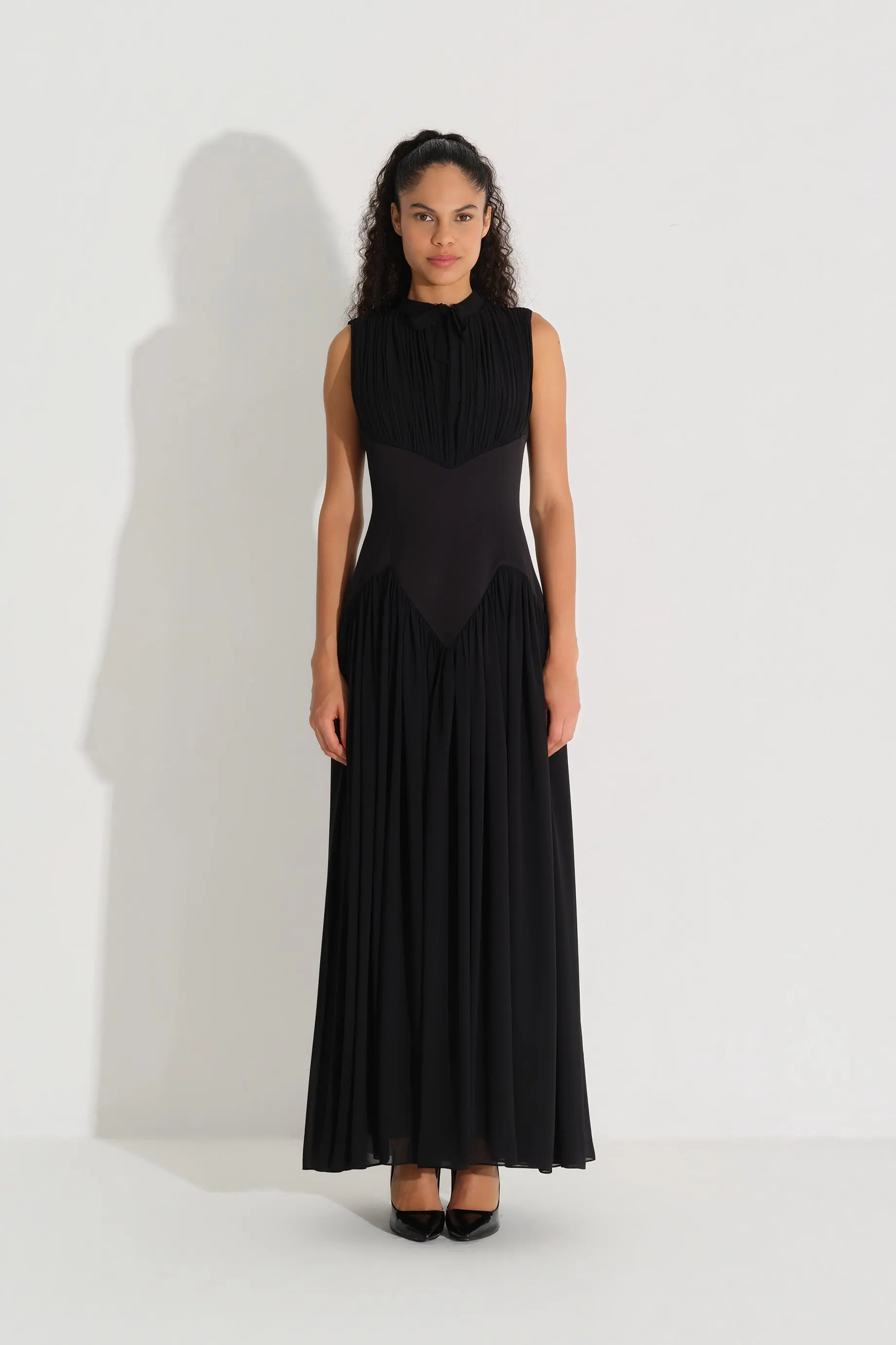 Bow-Neck Corset-Detail Chiffon Dress - Black