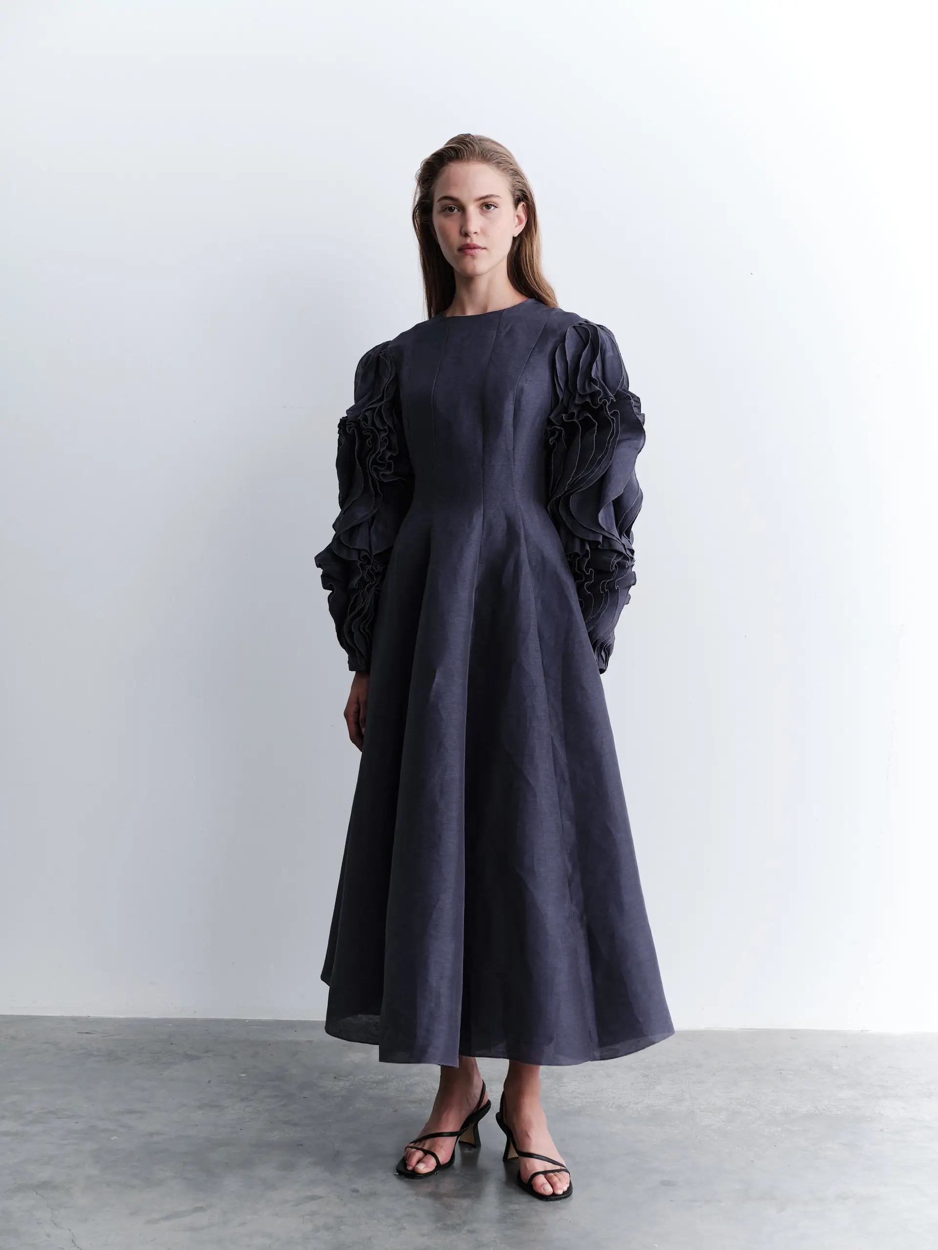 Silk-Linen Dress with Sculptural Ruffle Sleeves - Indigo, photo 5