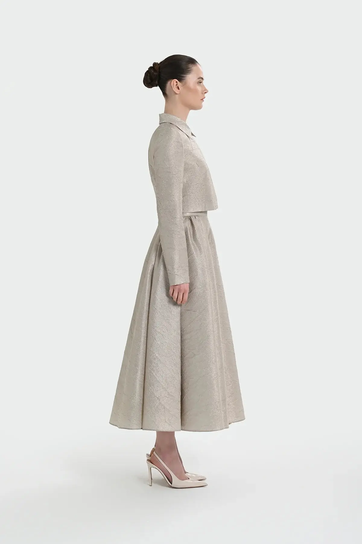 Shirt Collar Cropped Jacket & Skirt Set - Beige, photo 3