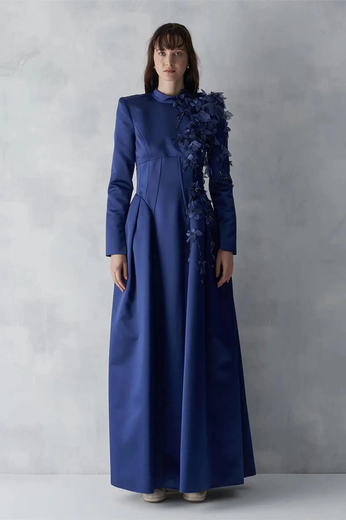 3D Floral Corset-Detail Evening Gown – Navy