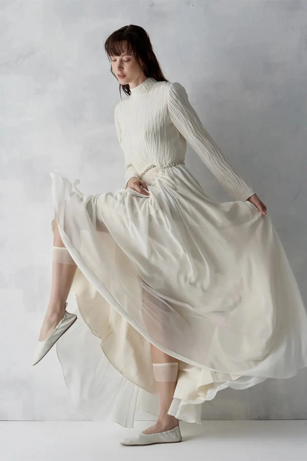 Pleated Bodice Embellished Evening Gown – Cream, photo 2