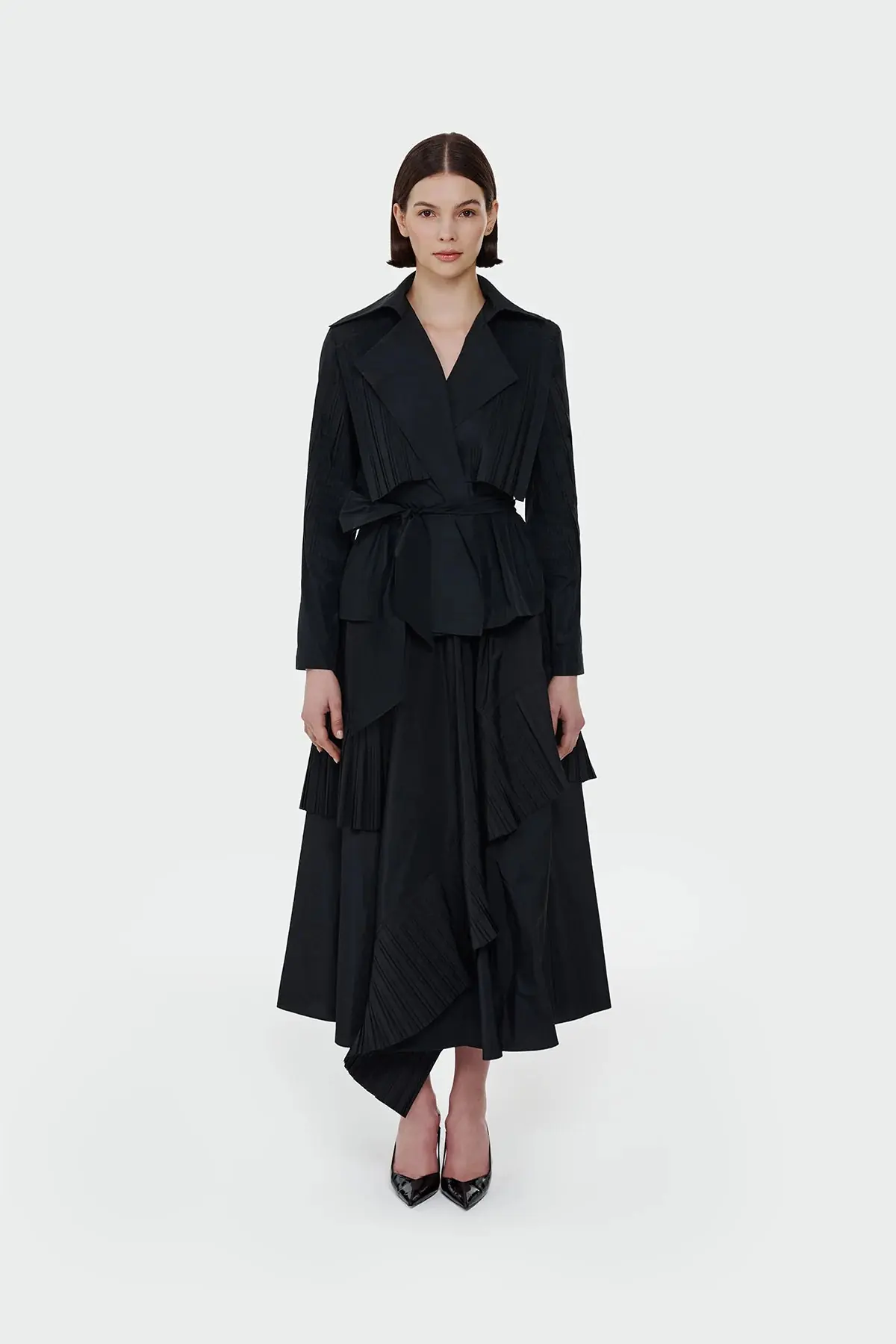 Pleated Detail Tie-Waist Jacket — Black