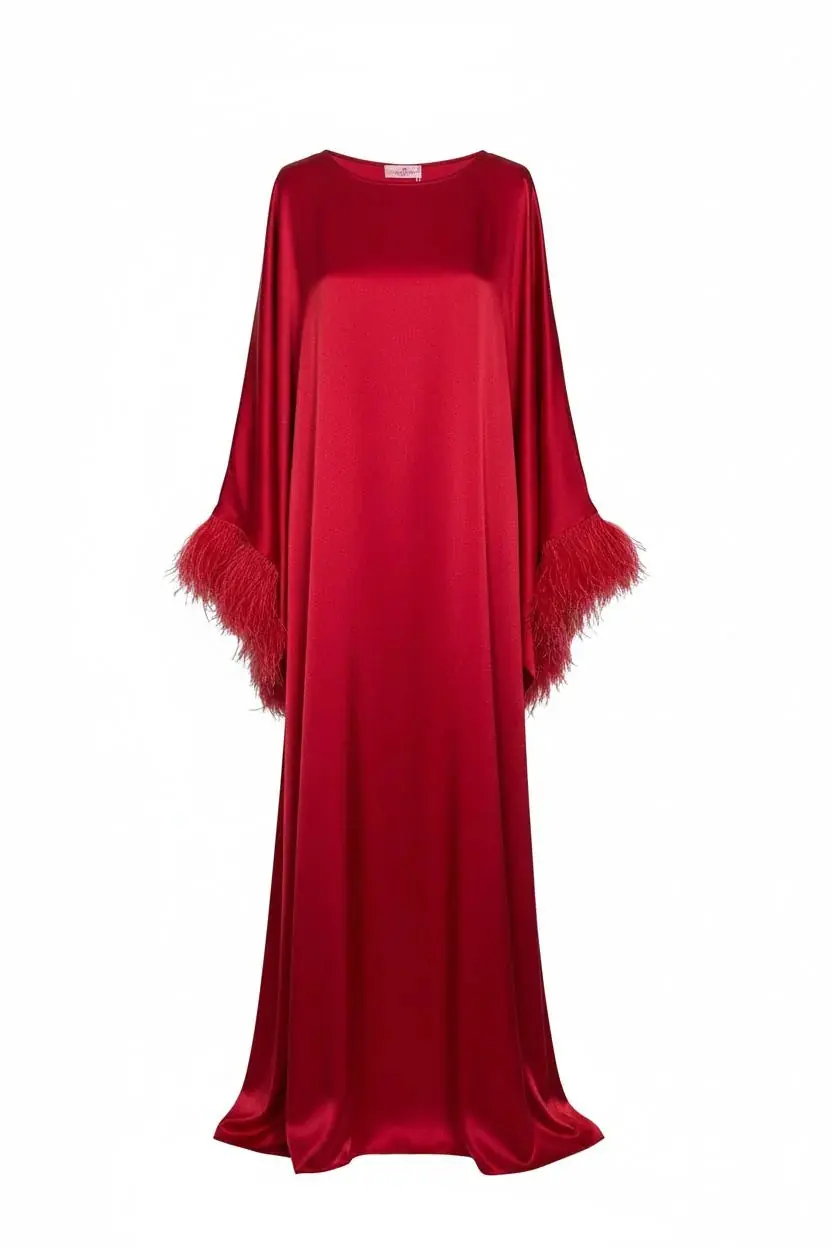 Abito Azzurra Feather-Trimmed Maxi Kaftan Dress – Red