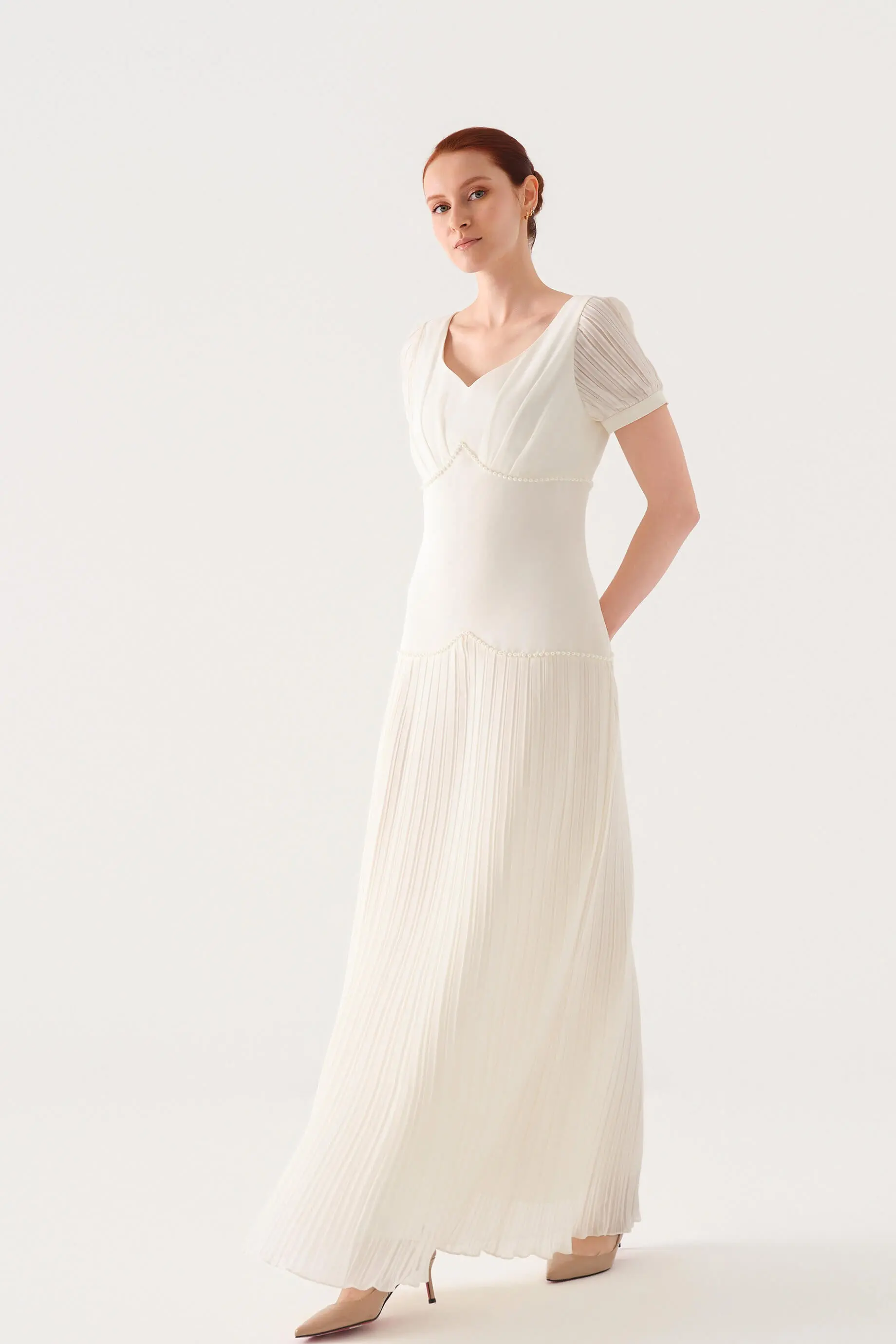 Embellished-Waist Pleated Chiffon Crepe Maxi Dress – Ecru, photo 2