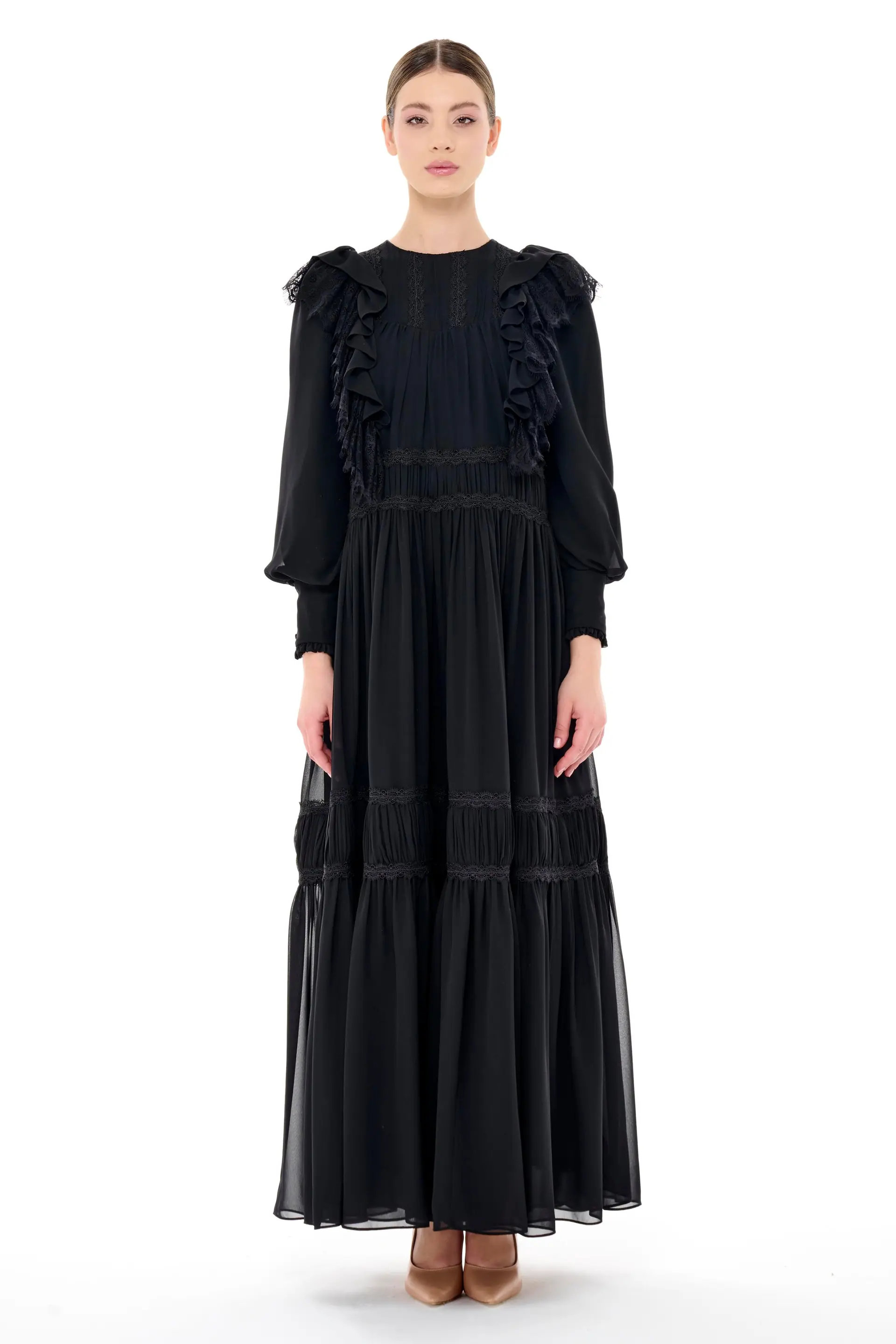 Lace Trim Gathered Tiered Dress – Black
