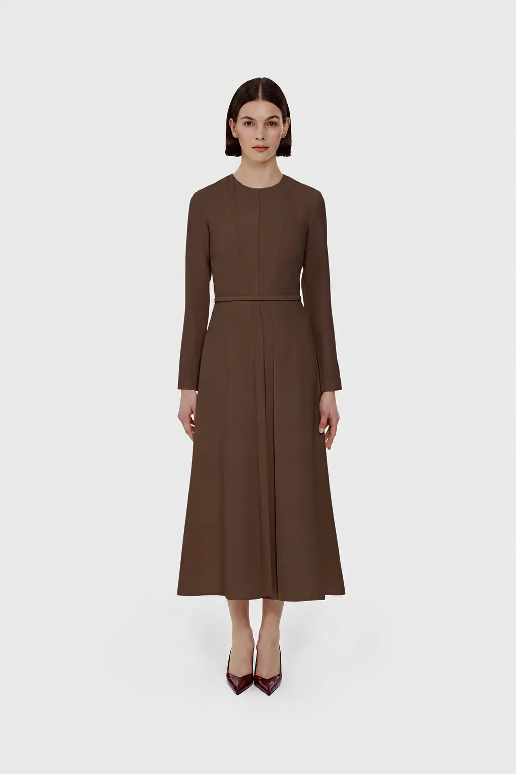Pleated Belted Maxi Dress – Brown