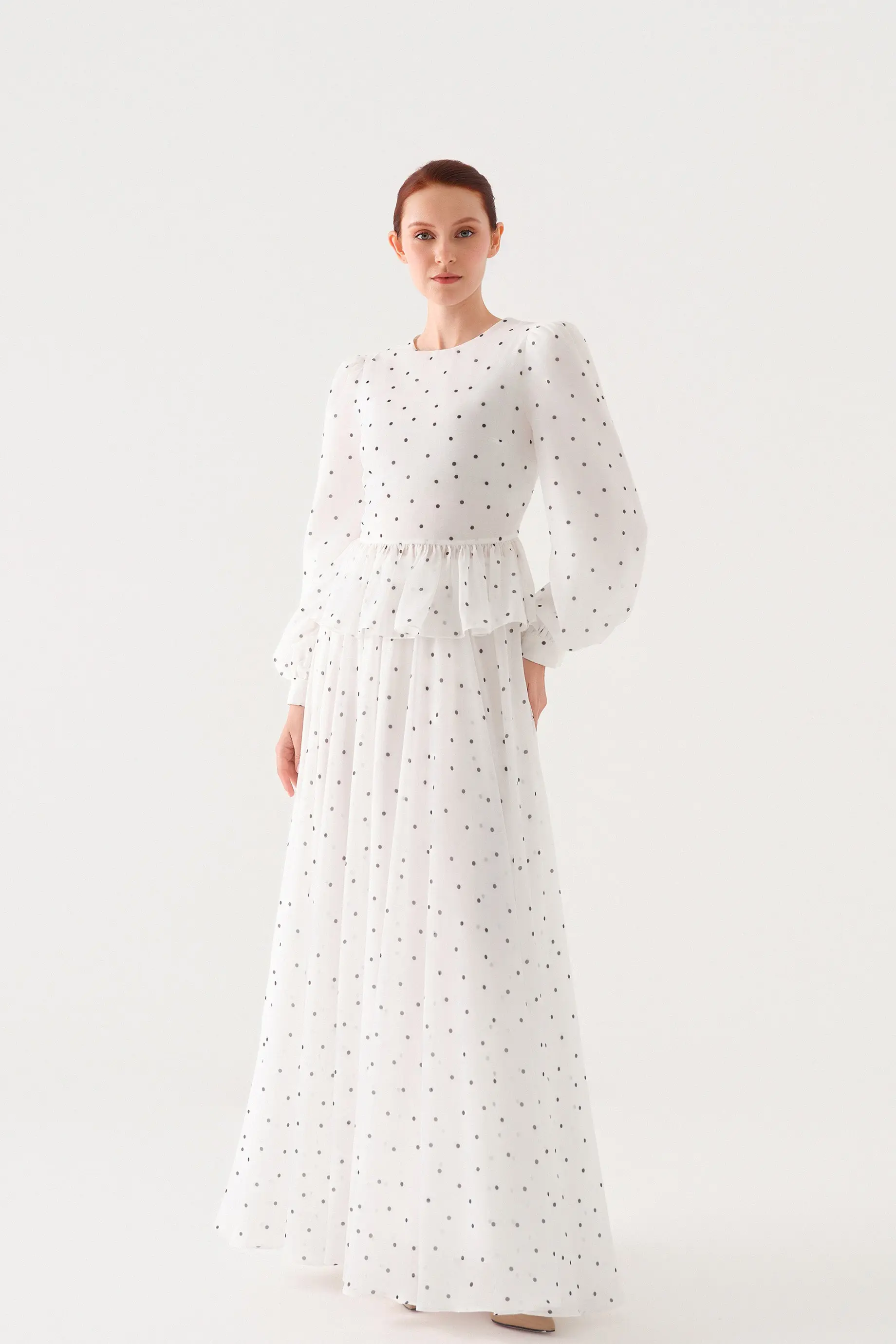 Small-Floral Print Chiffon Blouse and Maxi Skirt Set – White, photo 2