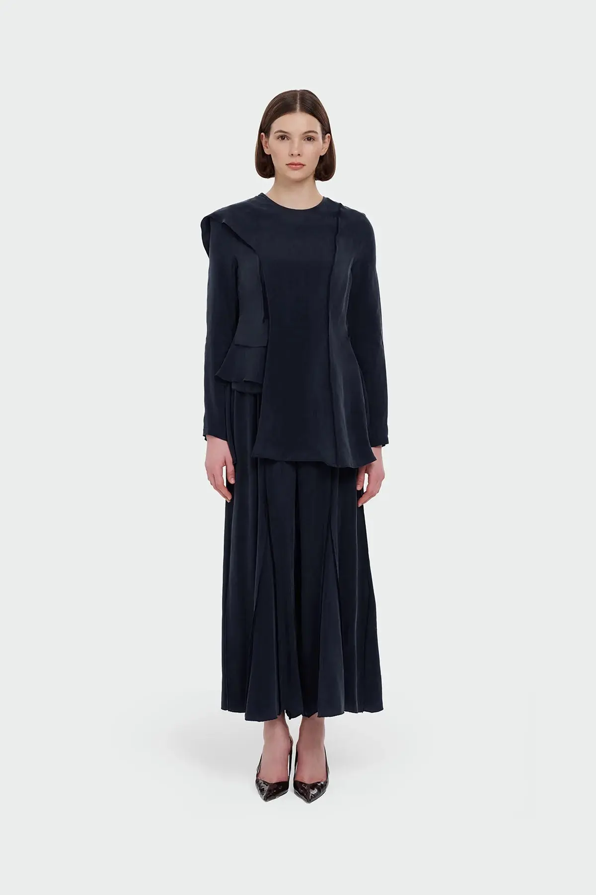 Asymmetric Draped Blouse & Wide-Leg Trouser Set - Navy Blue