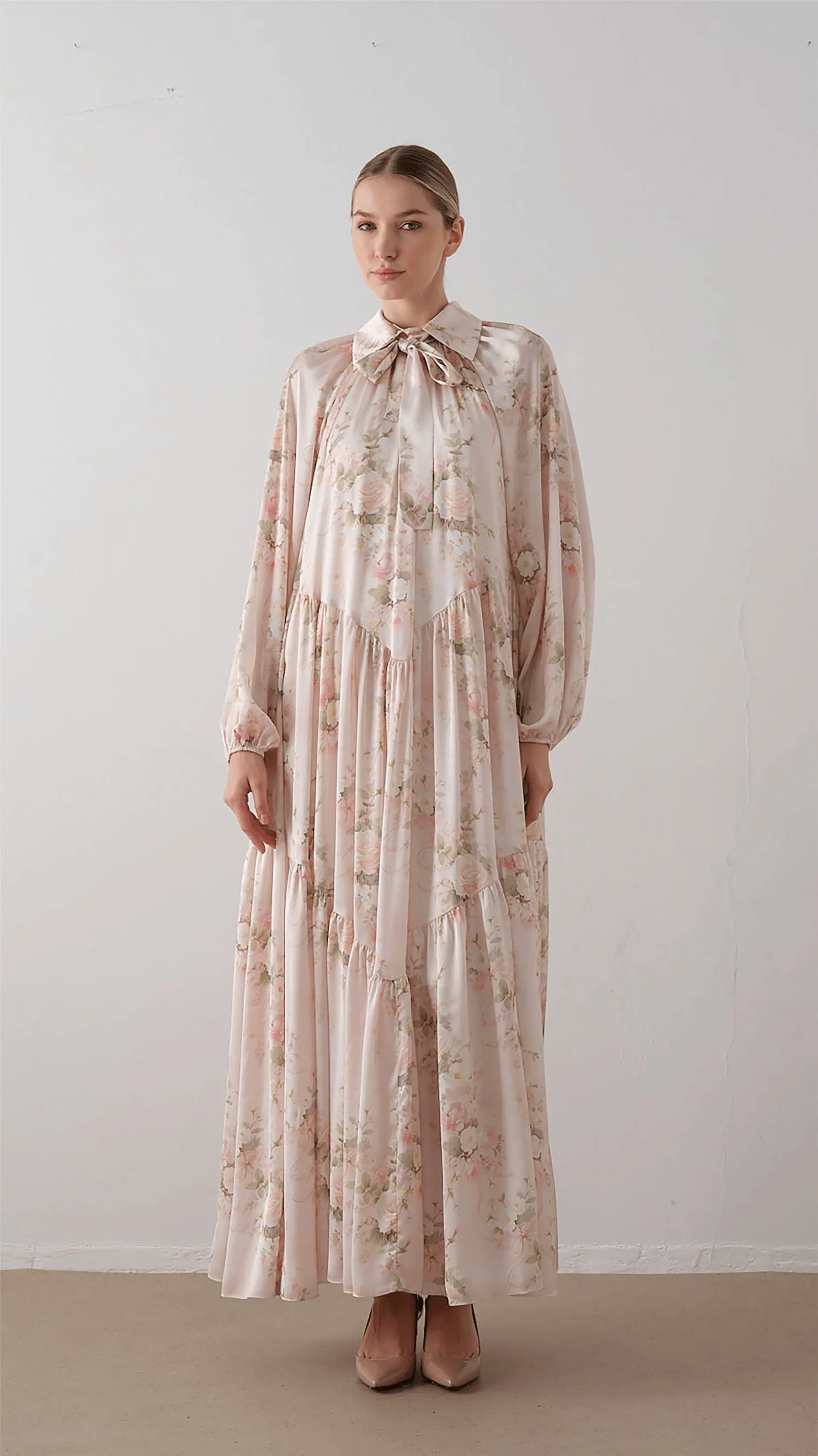 Bow Neck Chiffon Satin Dress – Pink