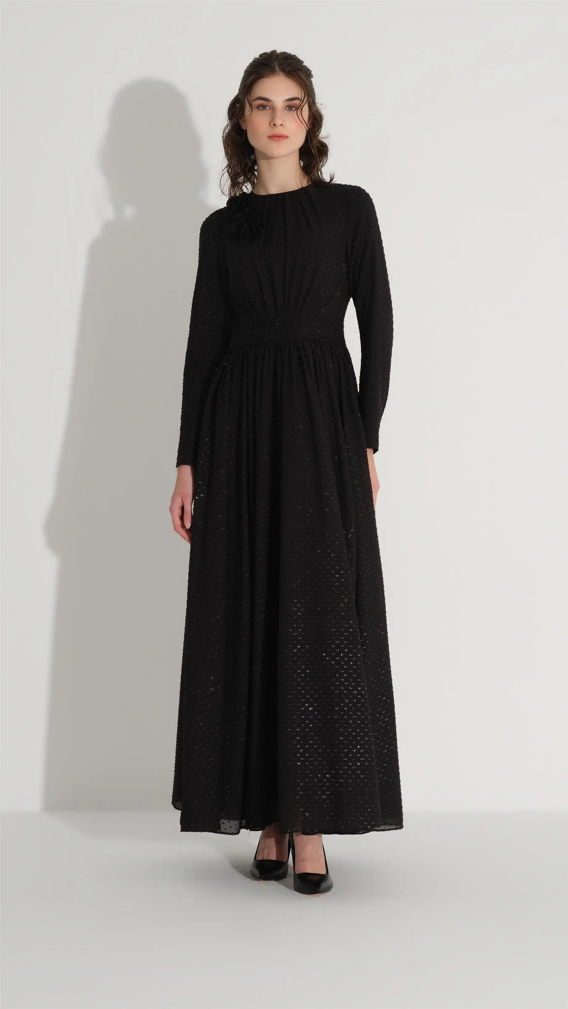 Floral Detail Glitter Dress – Black