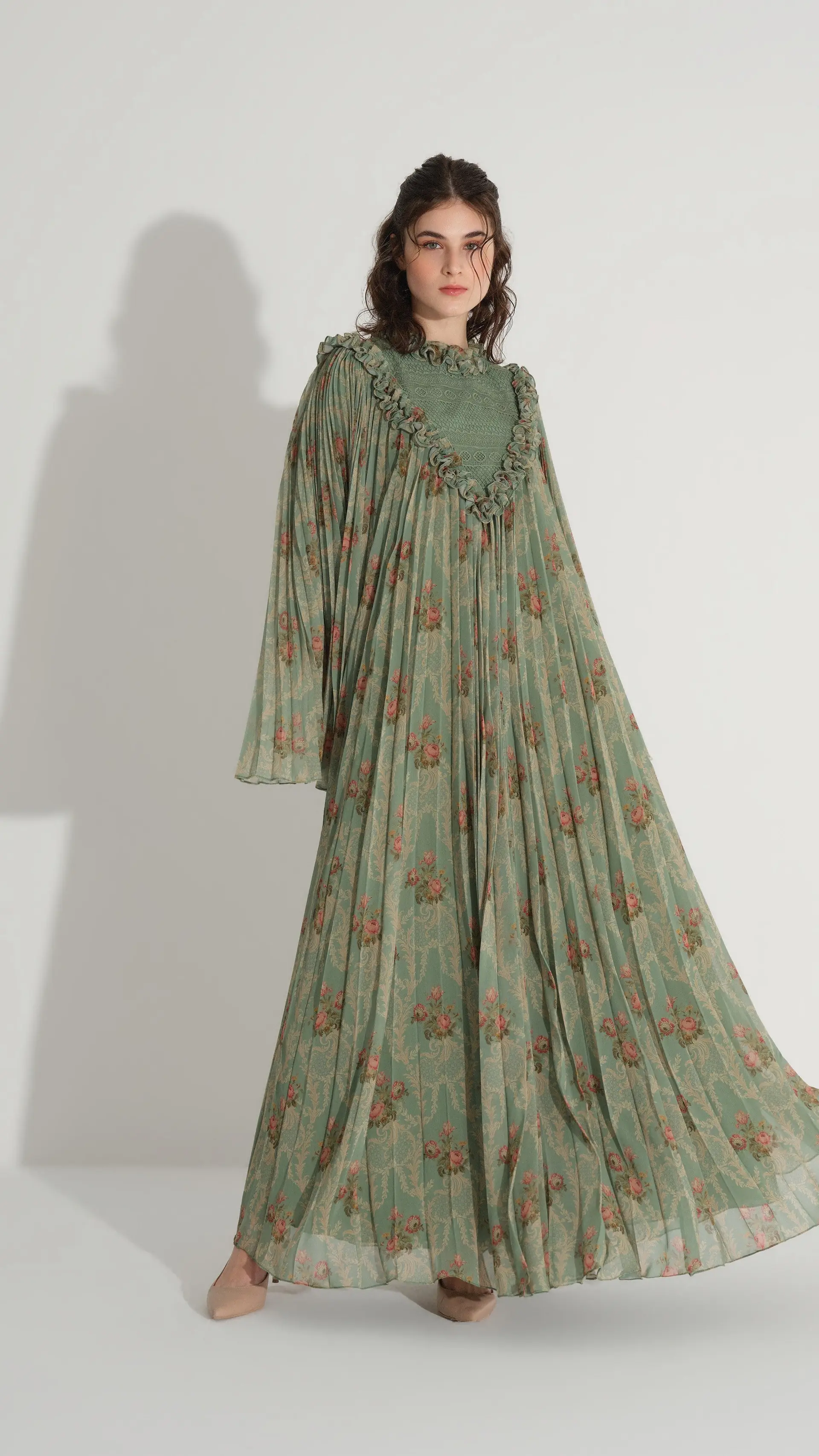 Lace & Ruffle Pleated Dress - Green, photo 4