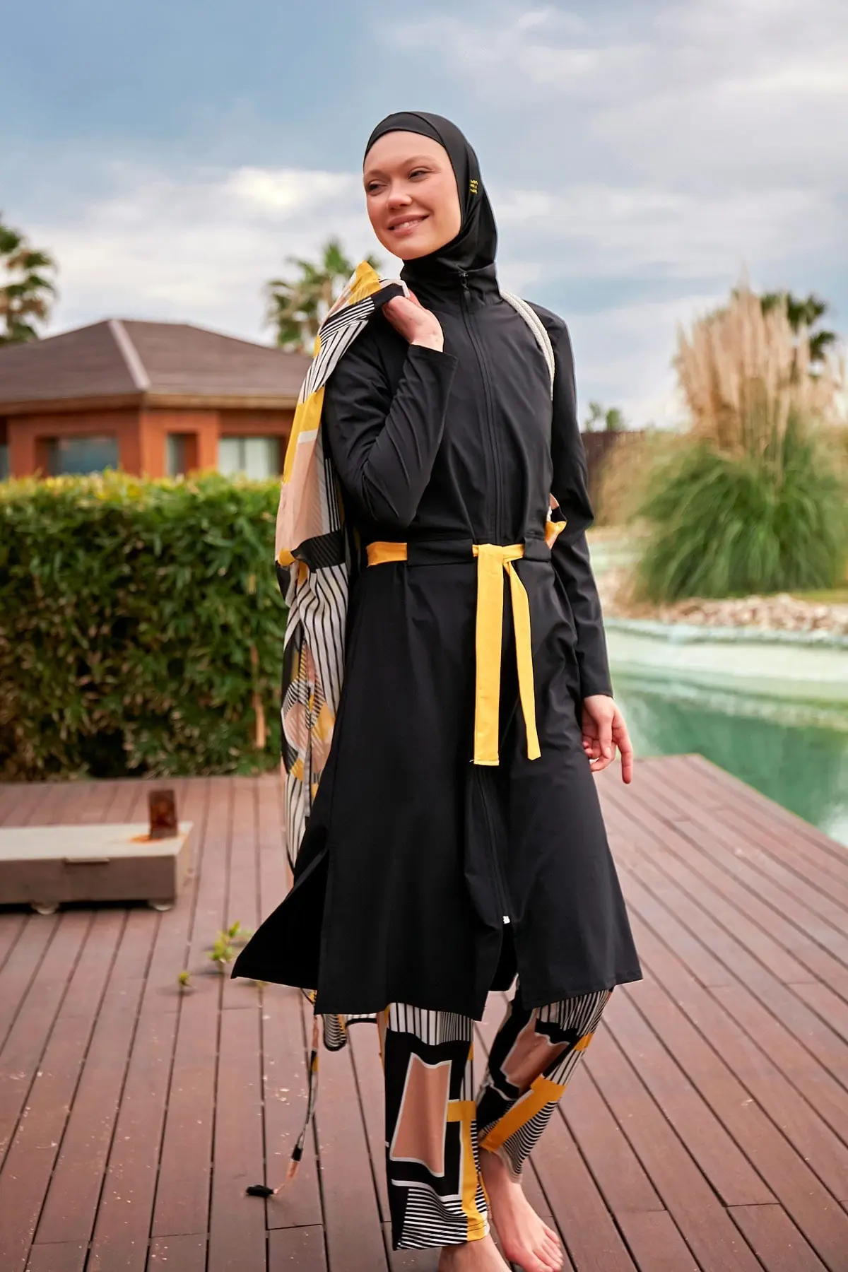 Woven Black Burkini Modest Swimwear M2422
