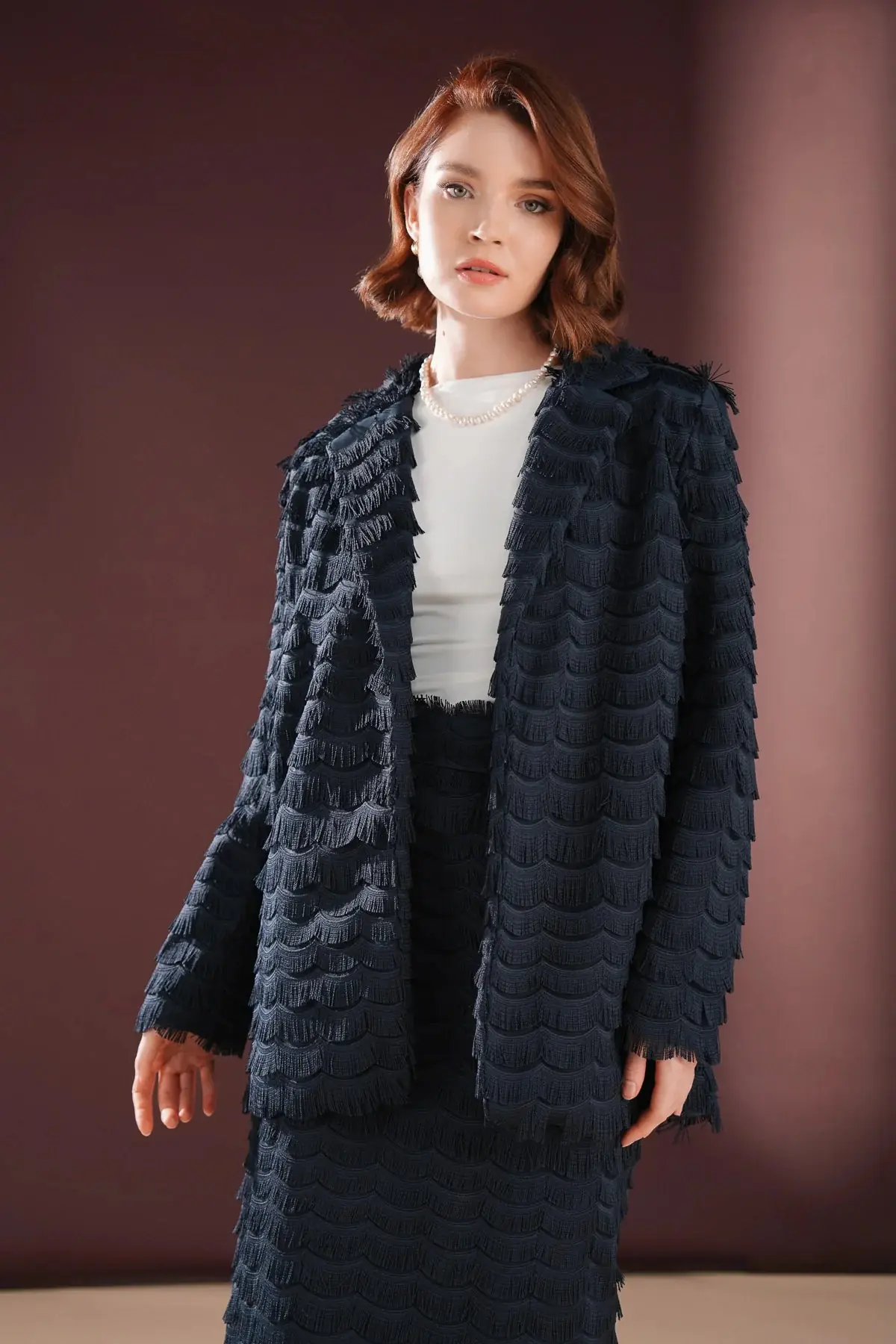 Elowen Textured Fringe Skirt & Jacket Set – Navy, photo 3