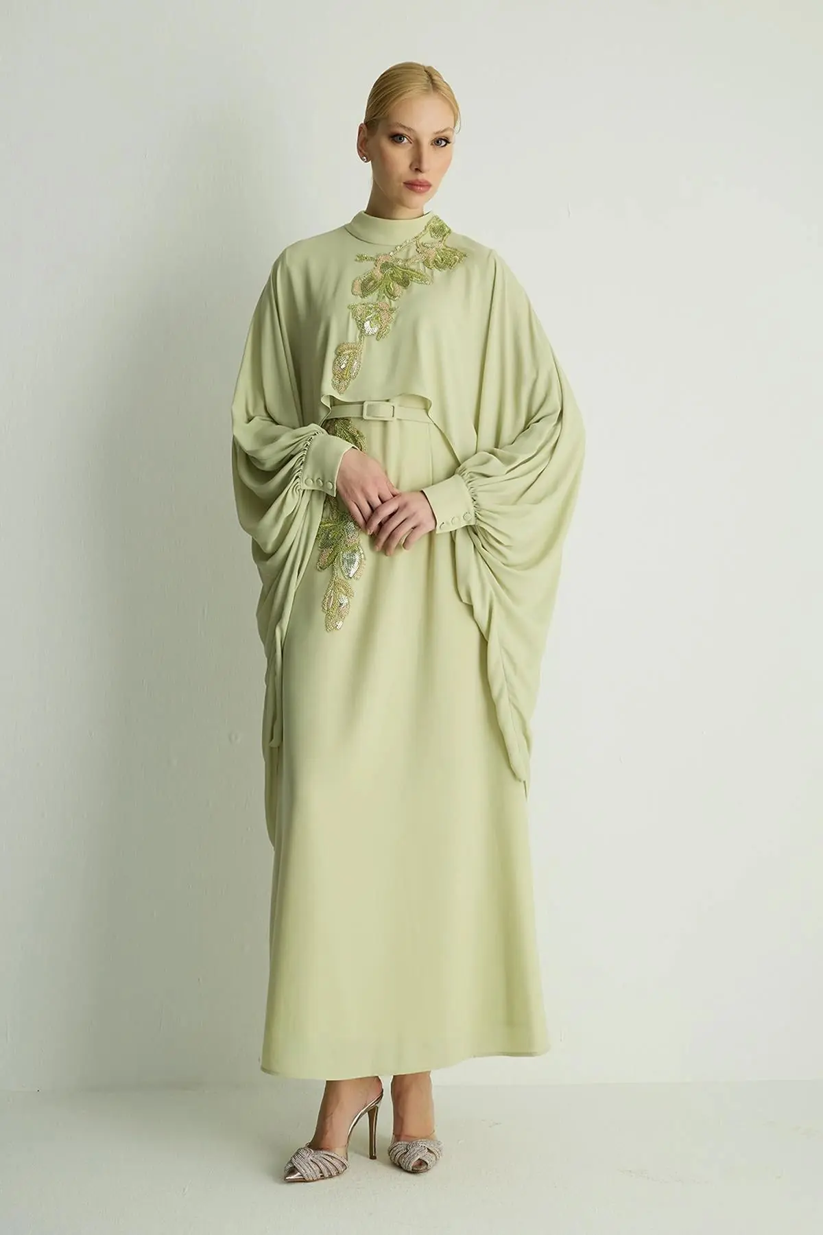 Petunia Embellished Cape Dress – Pastel Green, photo 5