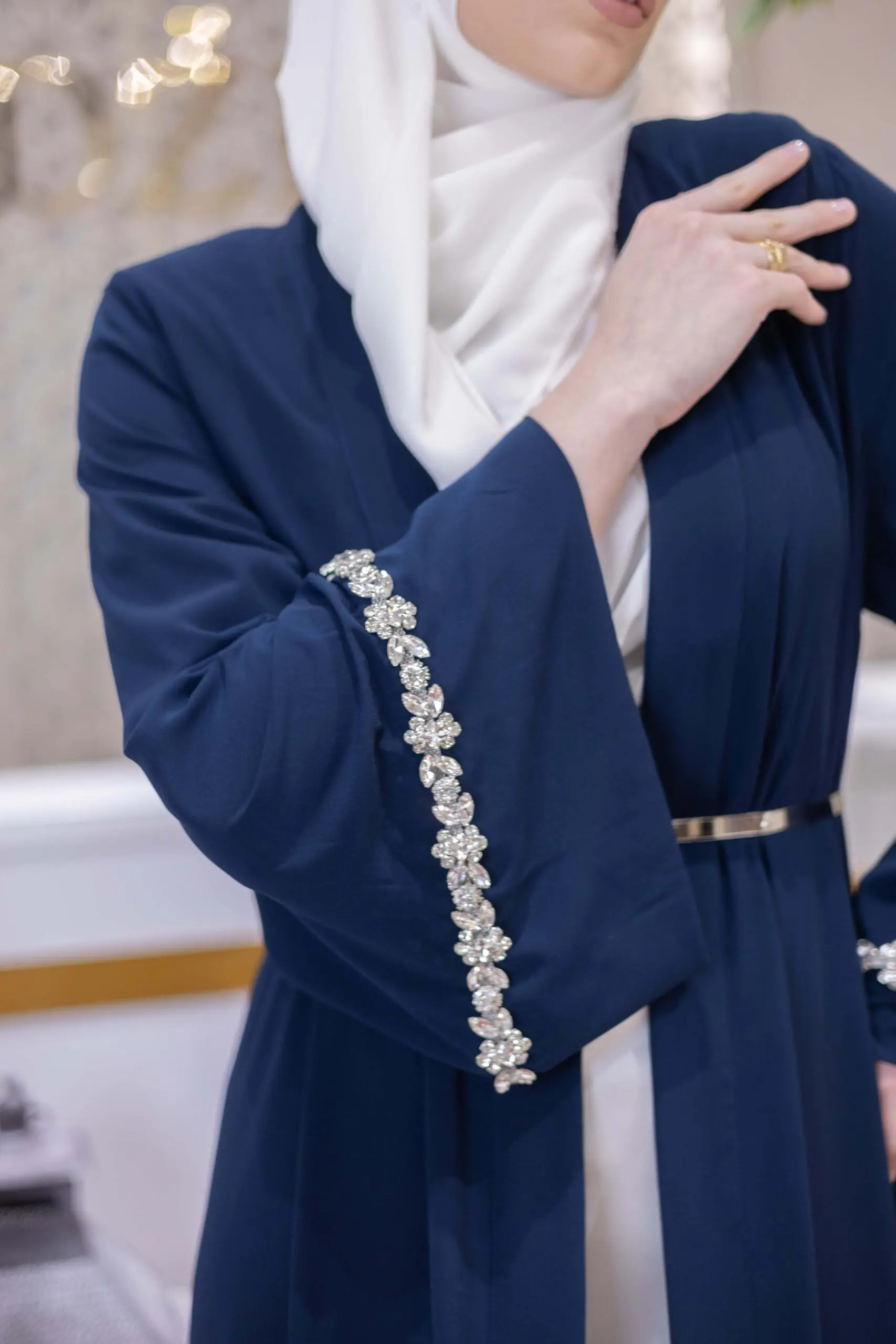 Opulent Silk Embellished Abaya – Navy, photo 4