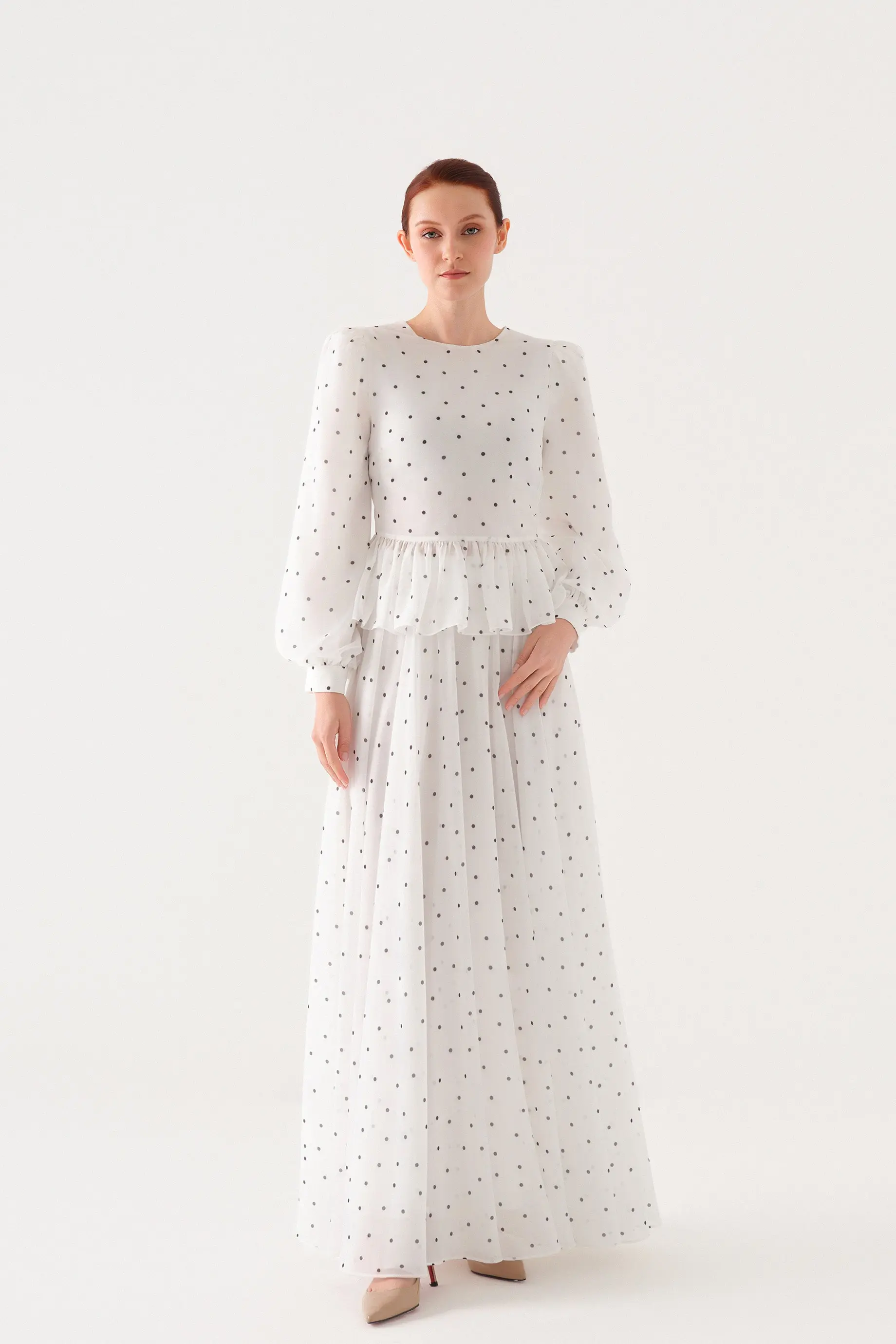 Small-Floral Print Chiffon Blouse and Maxi Skirt Set – White