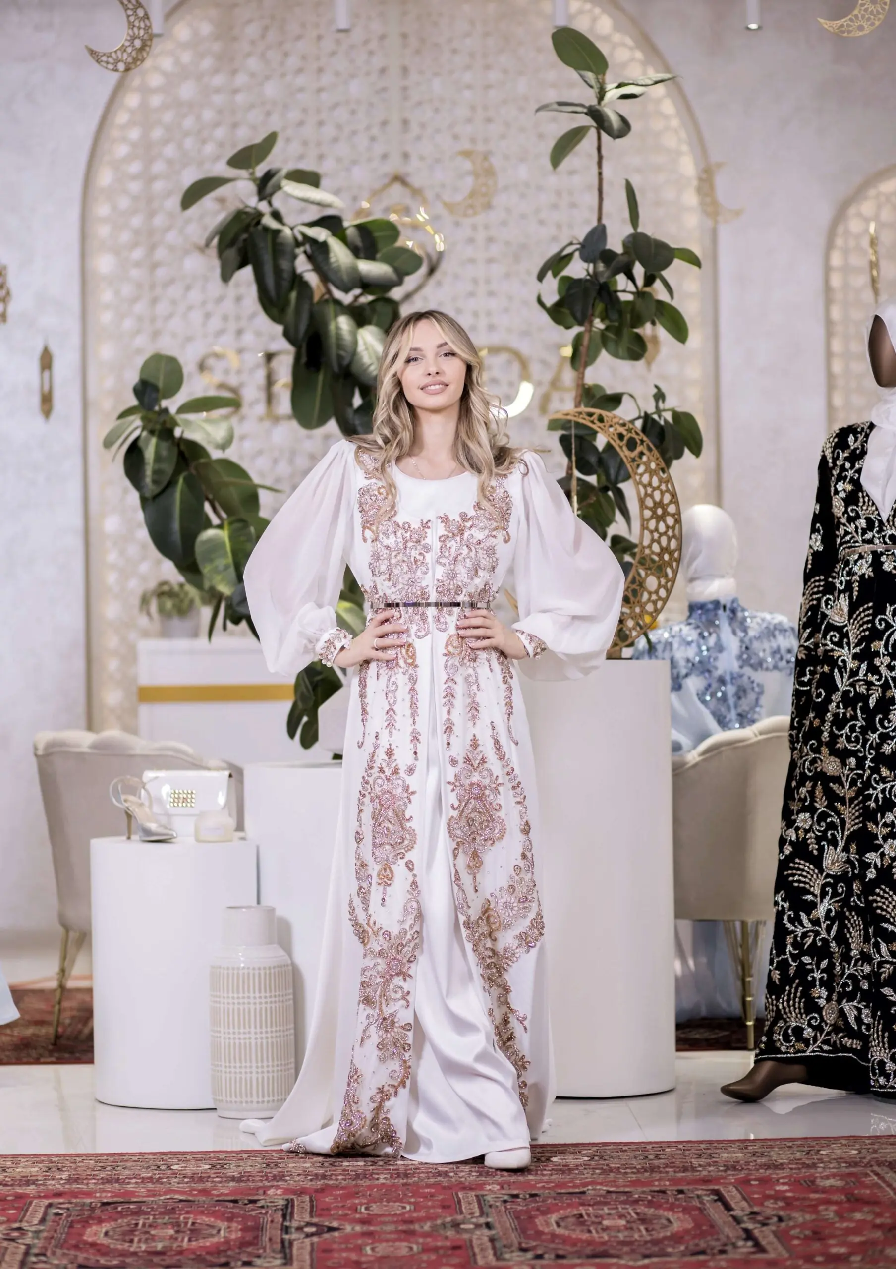 Radiant Bloom Embellished Satin Kaftan – White