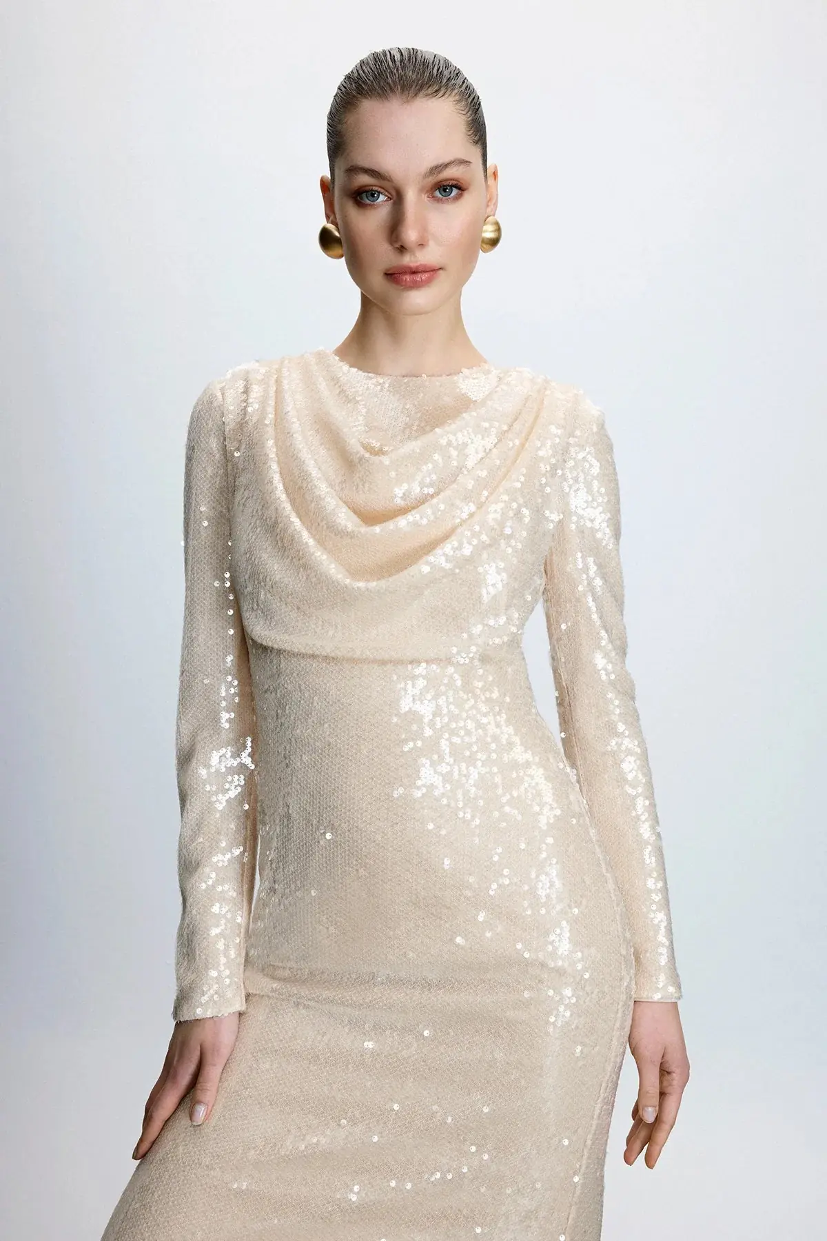Draped Sequin Evening Dress – Cream, photo 2