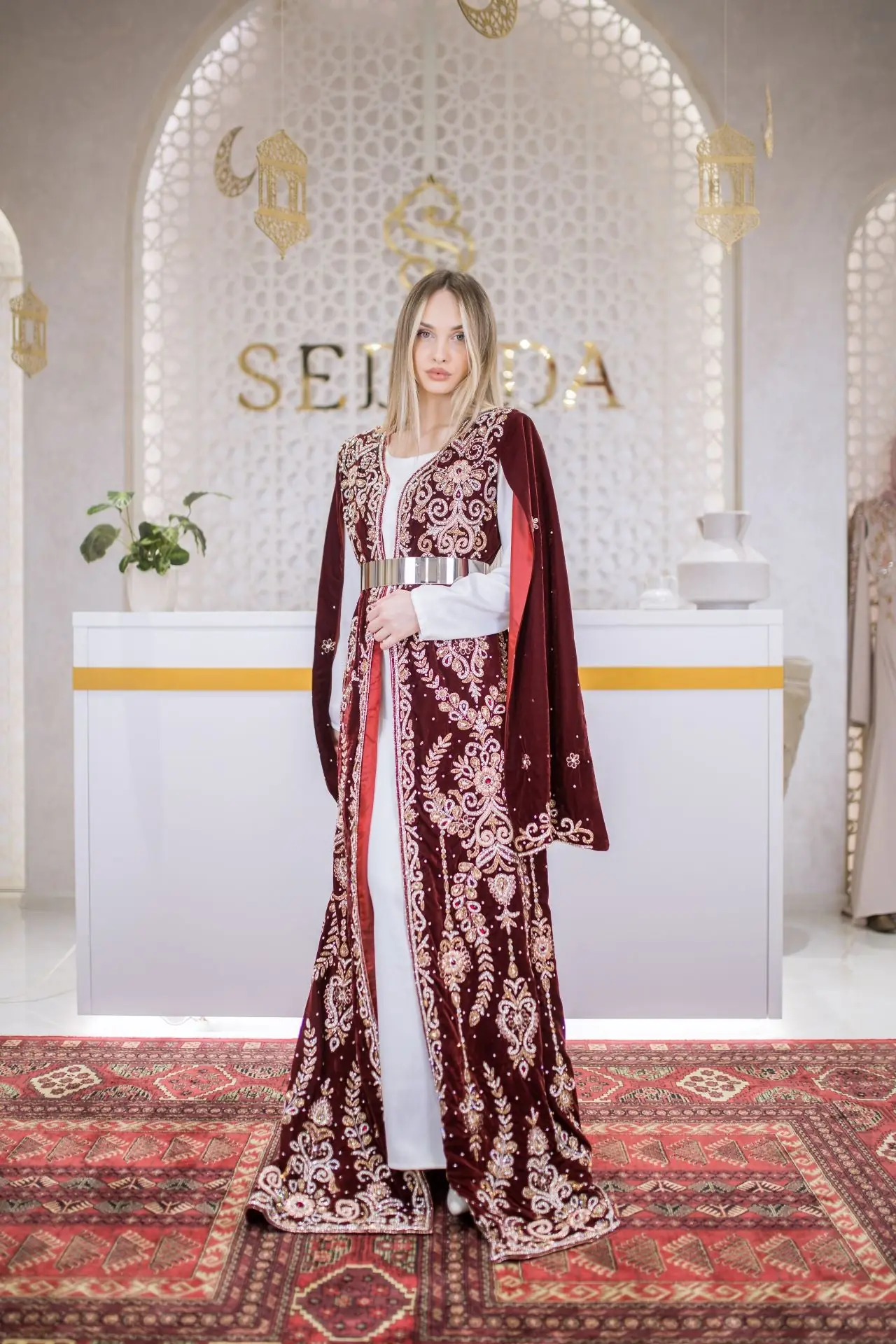 Goldline Couture Embellished Velvet Kaftan – Deep Red, photo 2
