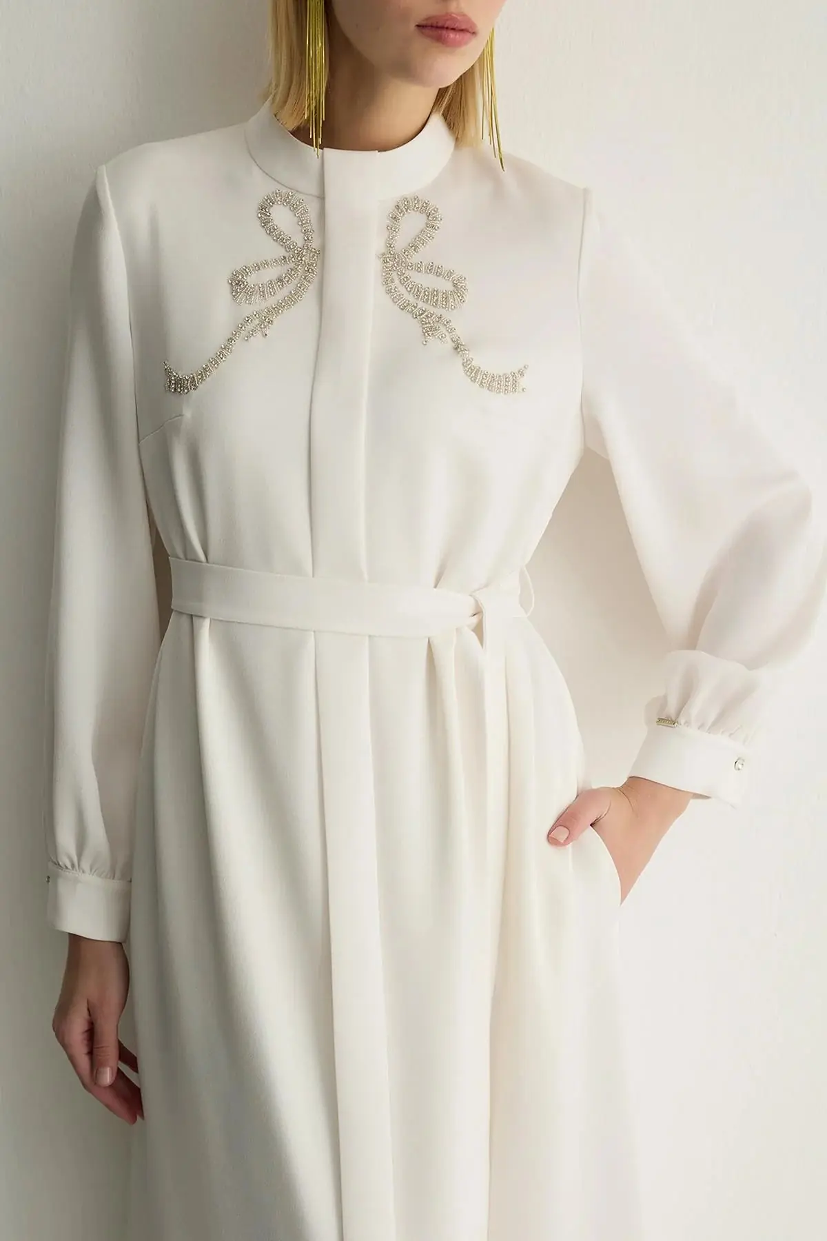 Ribbon Embellished Detail Dress – Ecru, photo 2
