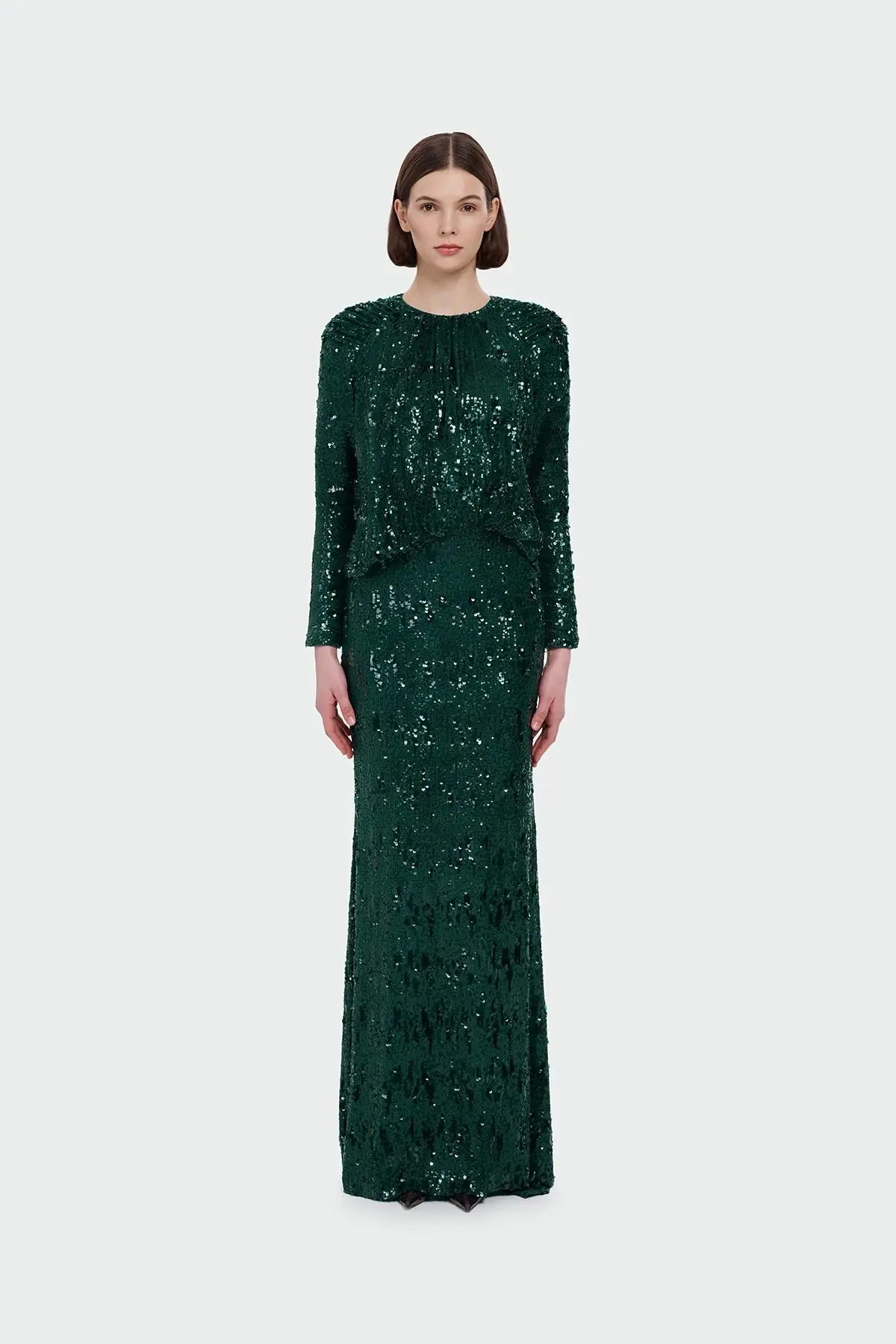 Sequin Long-Sleeve Formal Set with Draped Detail - Emerald Green