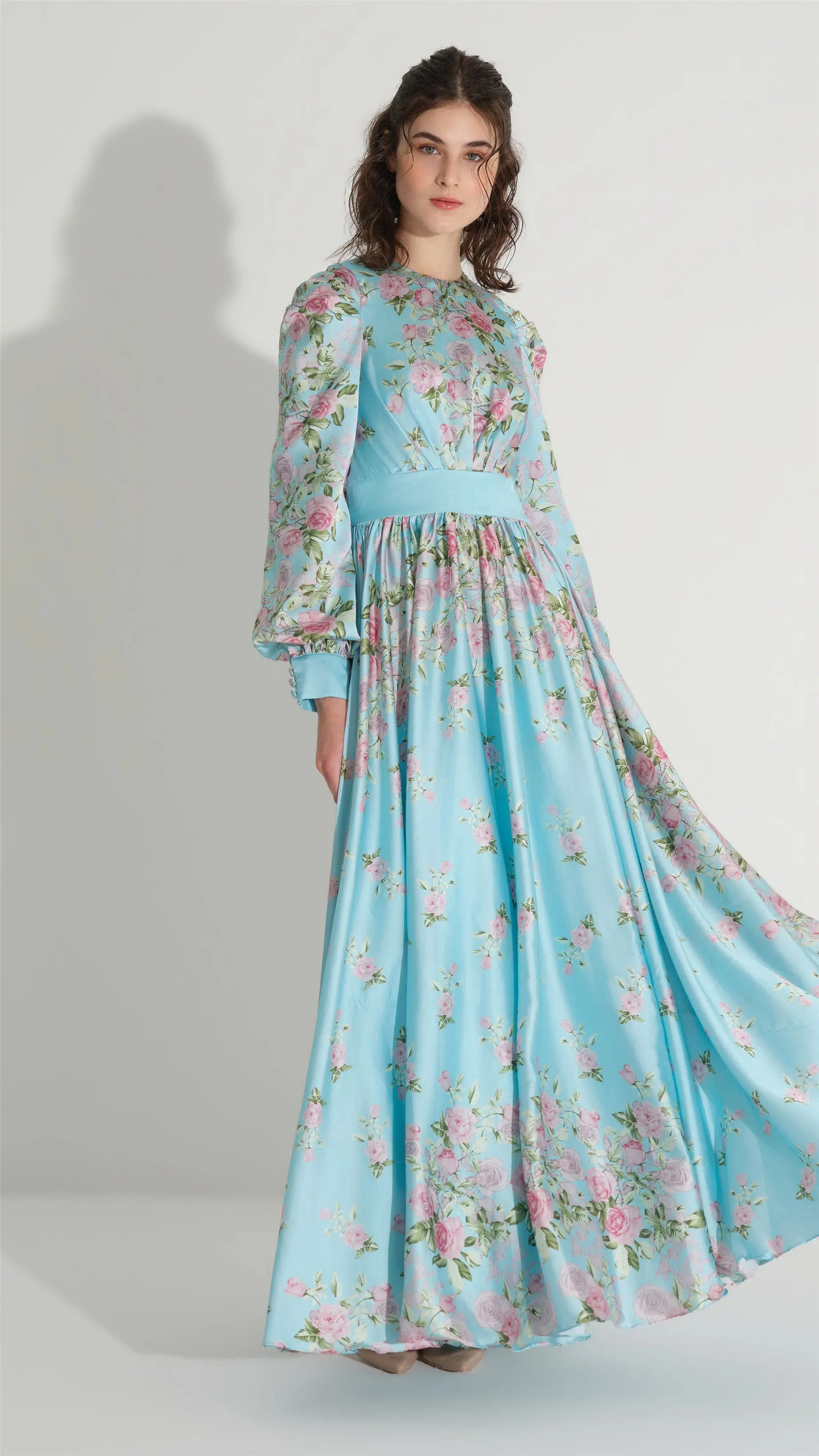 Floral Satin A-Line Dress – Blue, photo 3