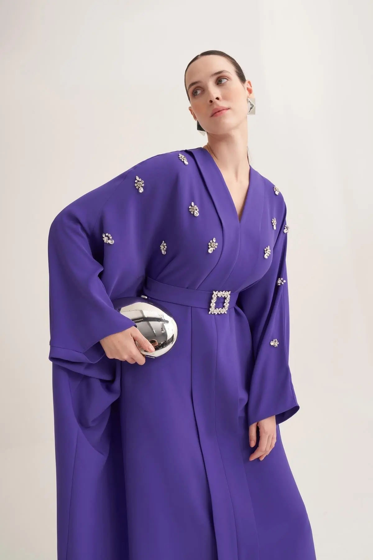 Selena Embellished Belted Evening Kaftan – Purple, photo 2