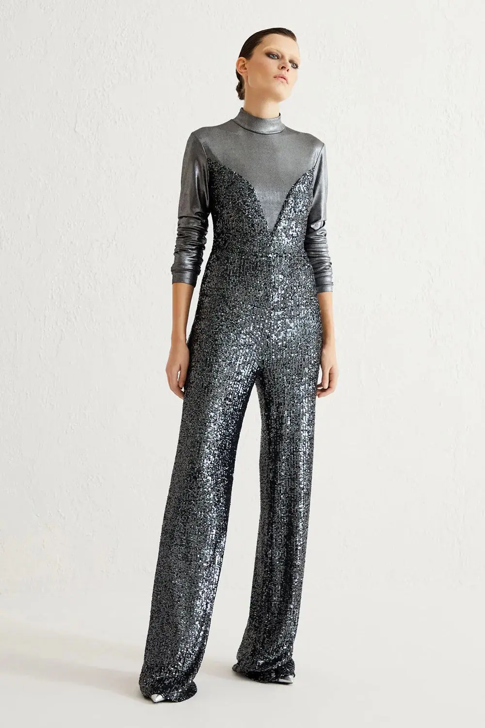 Long-Sleeve Sequin Jumpsuit with Knit Trim – Anthracite, photo 2