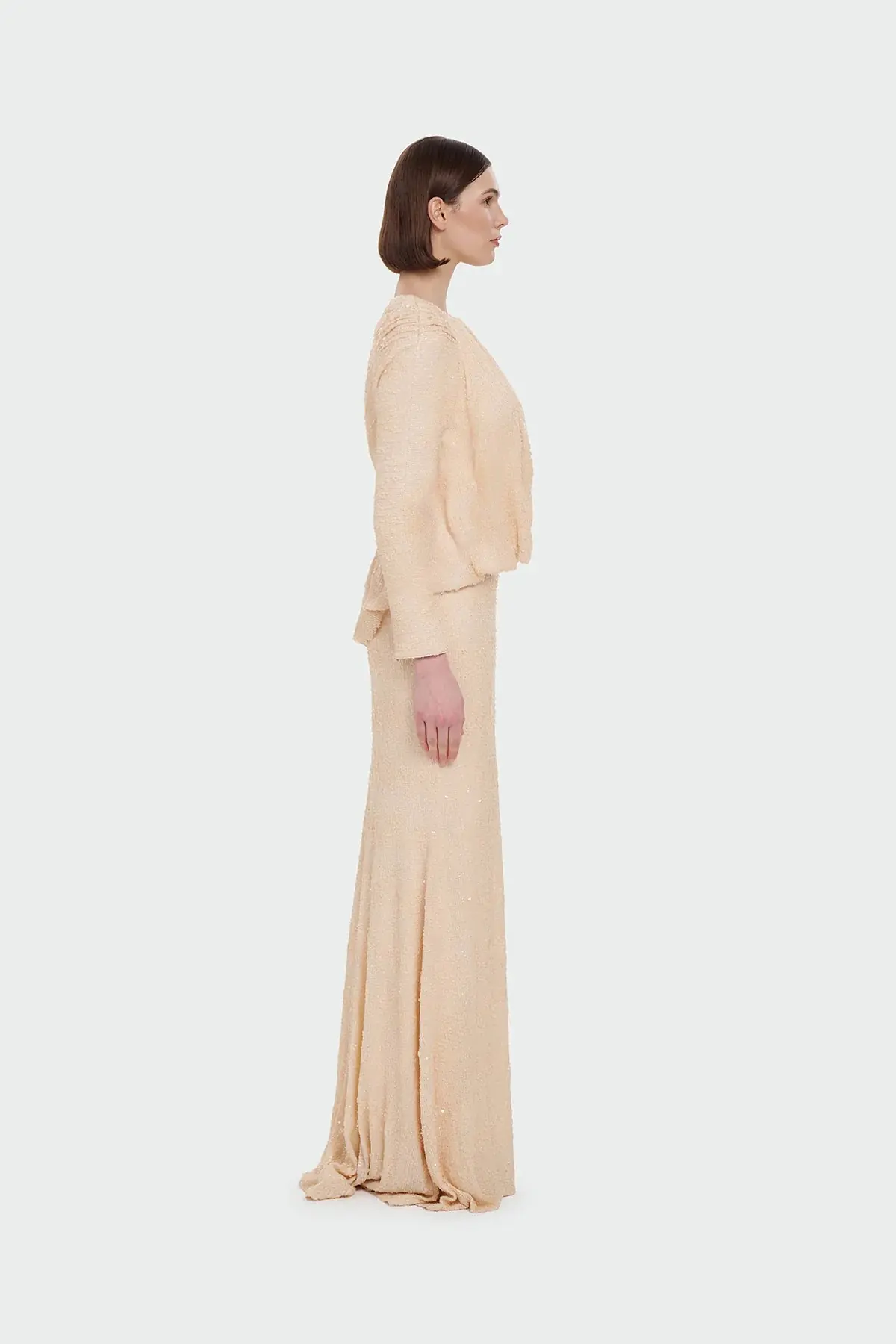 Sequin Long-Sleeve Formal Set with Draped Detail - Cream, photo 3