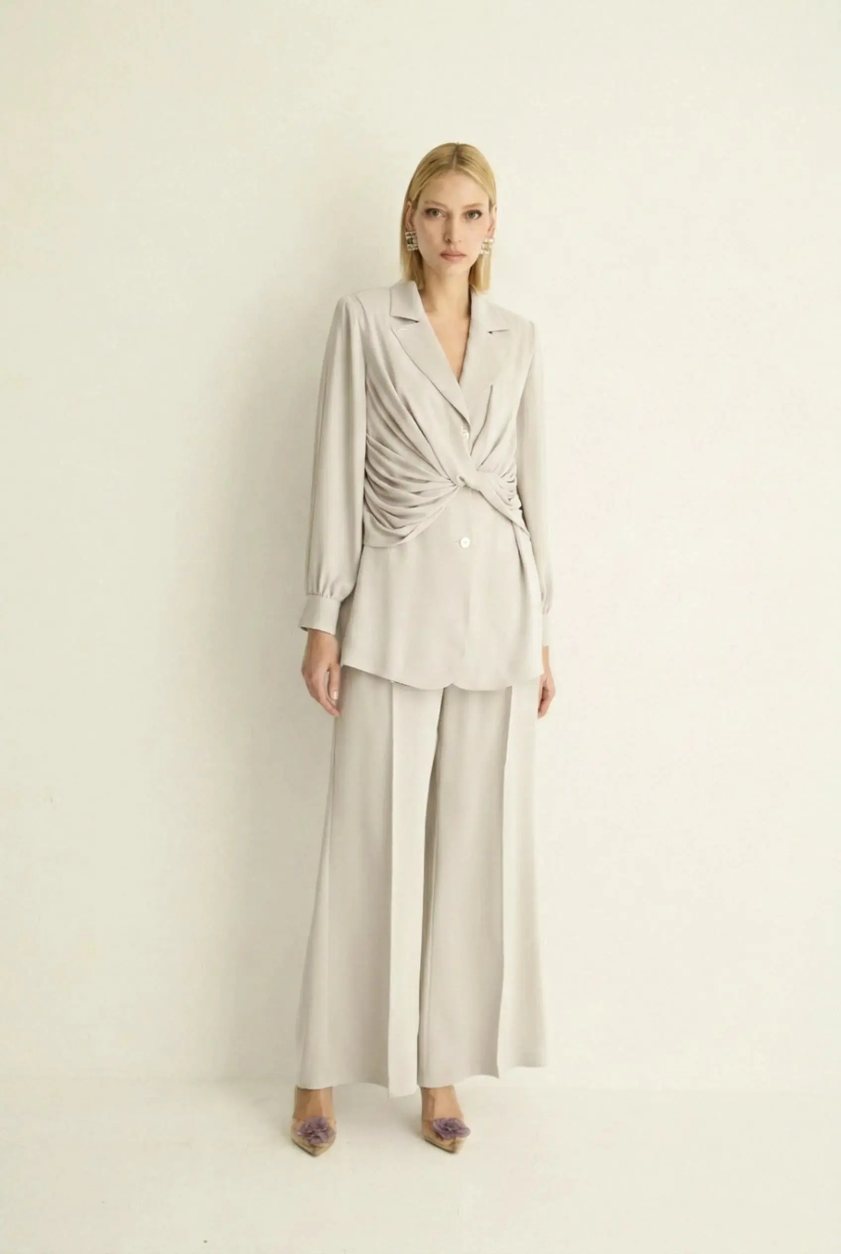 Nadia Draped Waist Tailored Jacket – Stone