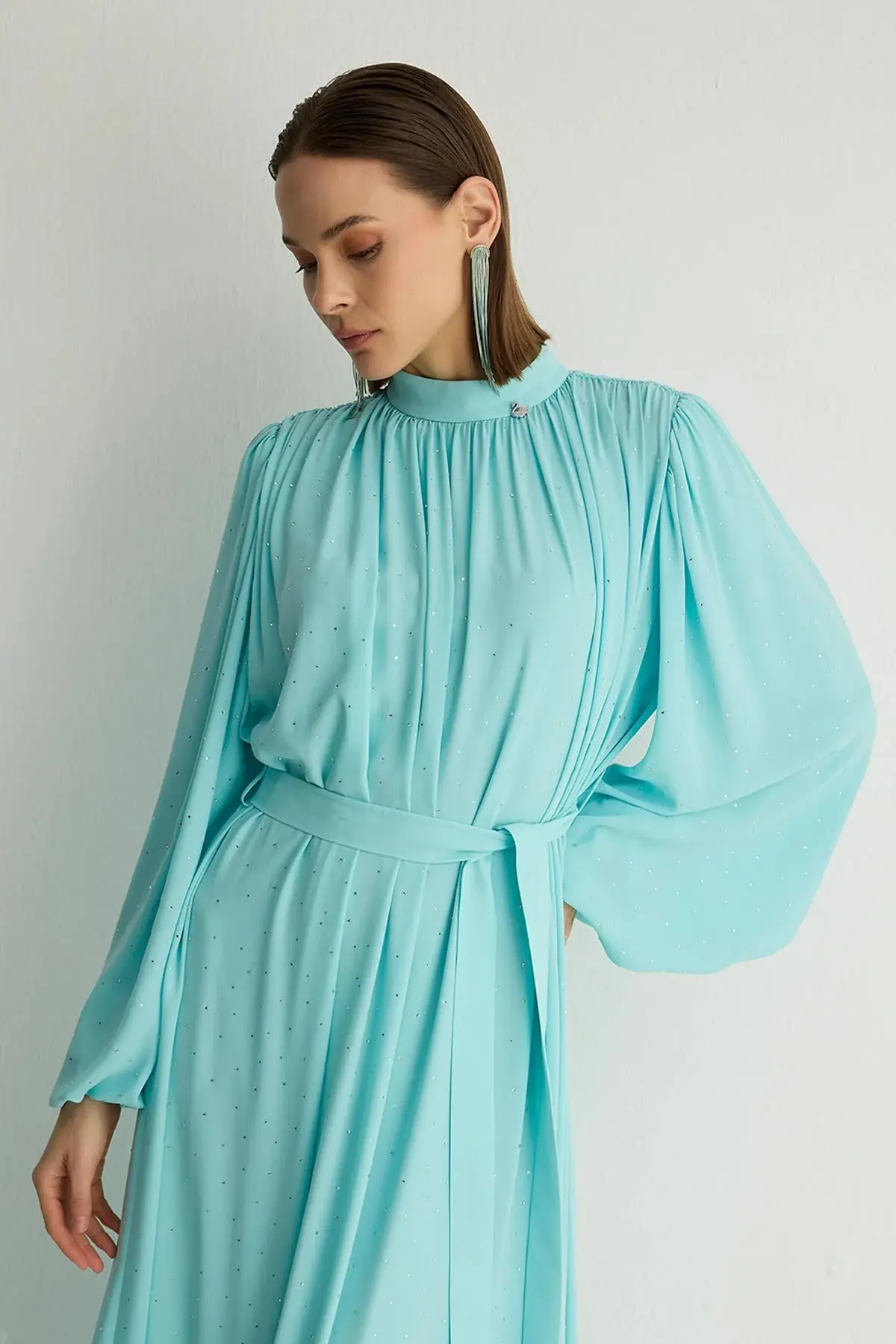 Veluna Embellished Pleated Dress – Aqua, photo 2
