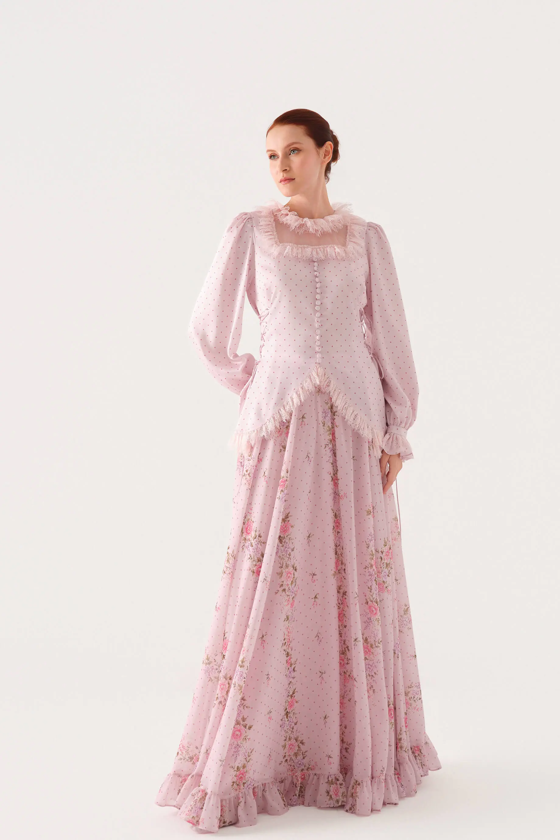 Polka-Dot Lace-Trim Blouse and Chiffon Skirt Set – Pink, photo 2