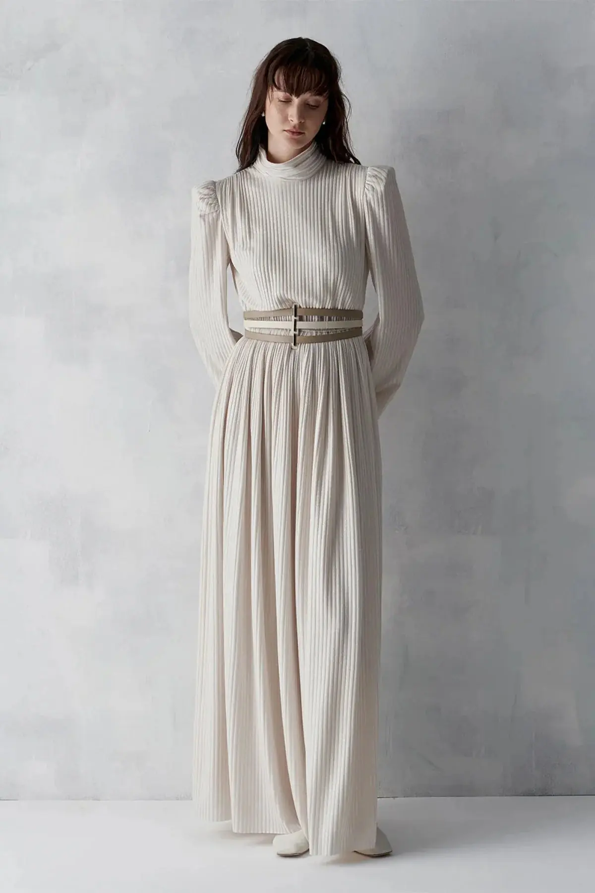 Metallic Ribbed Belted Evening Gown – Beige, photo 2