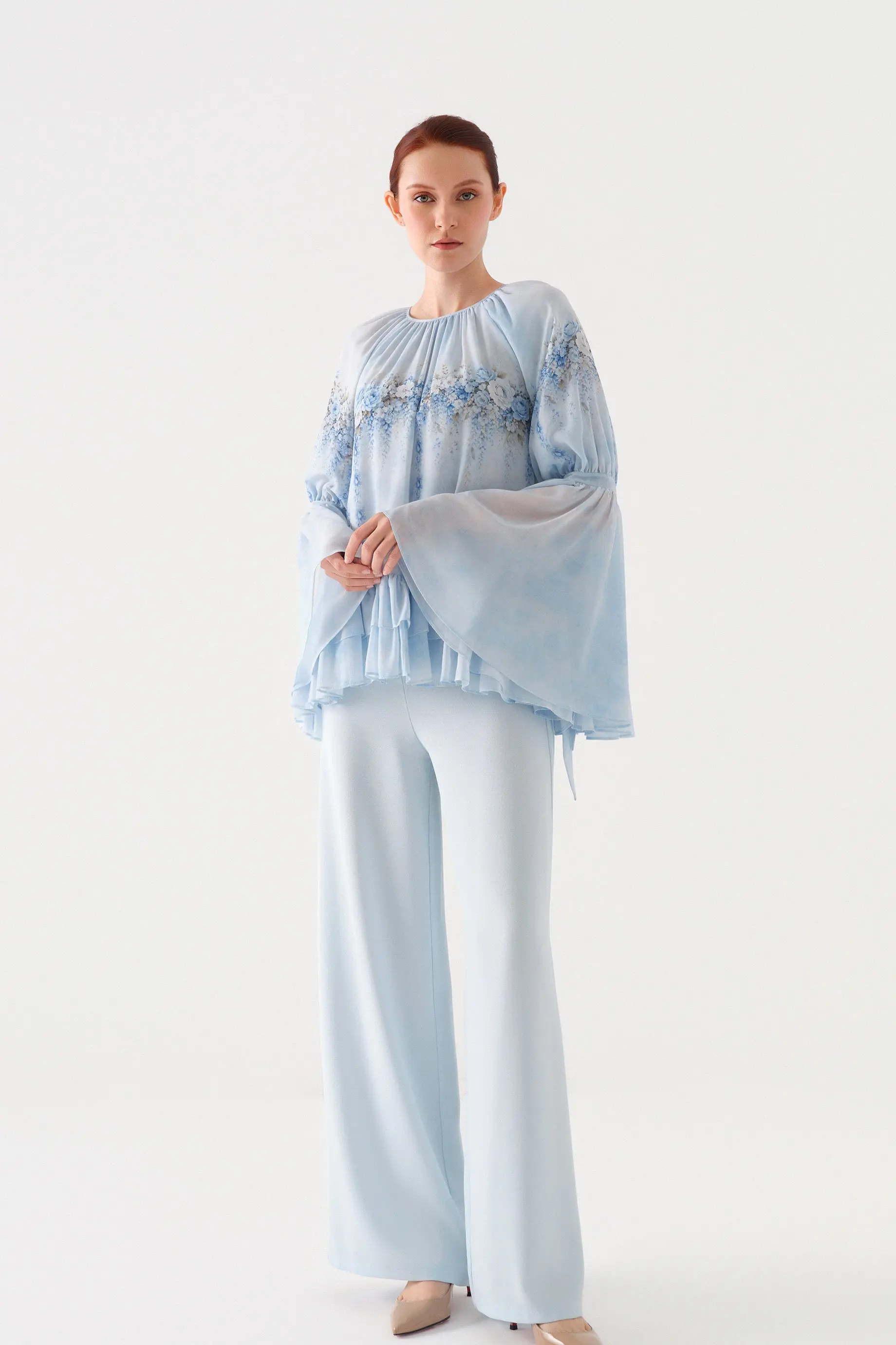 Floral-Print Chiffon Tunic and Wide-Leg Trousers Set – Blue, photo 2
