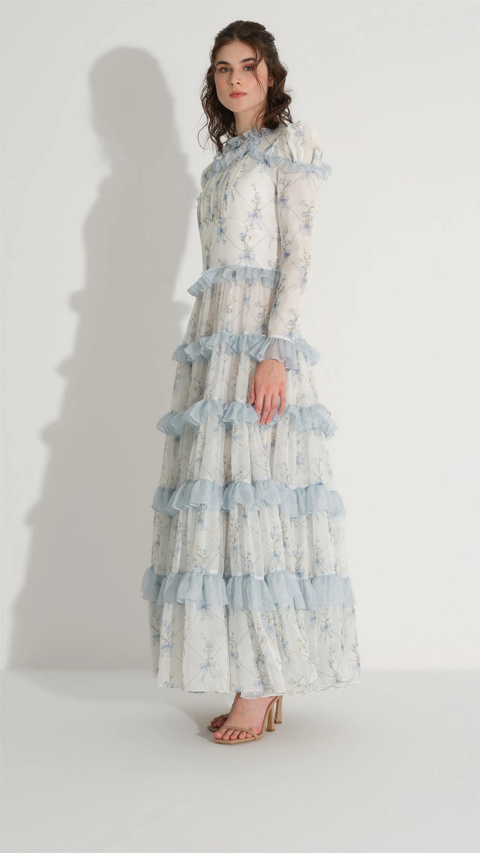 Bow-Print Gathered Chiffon Dress – Blue, photo 4